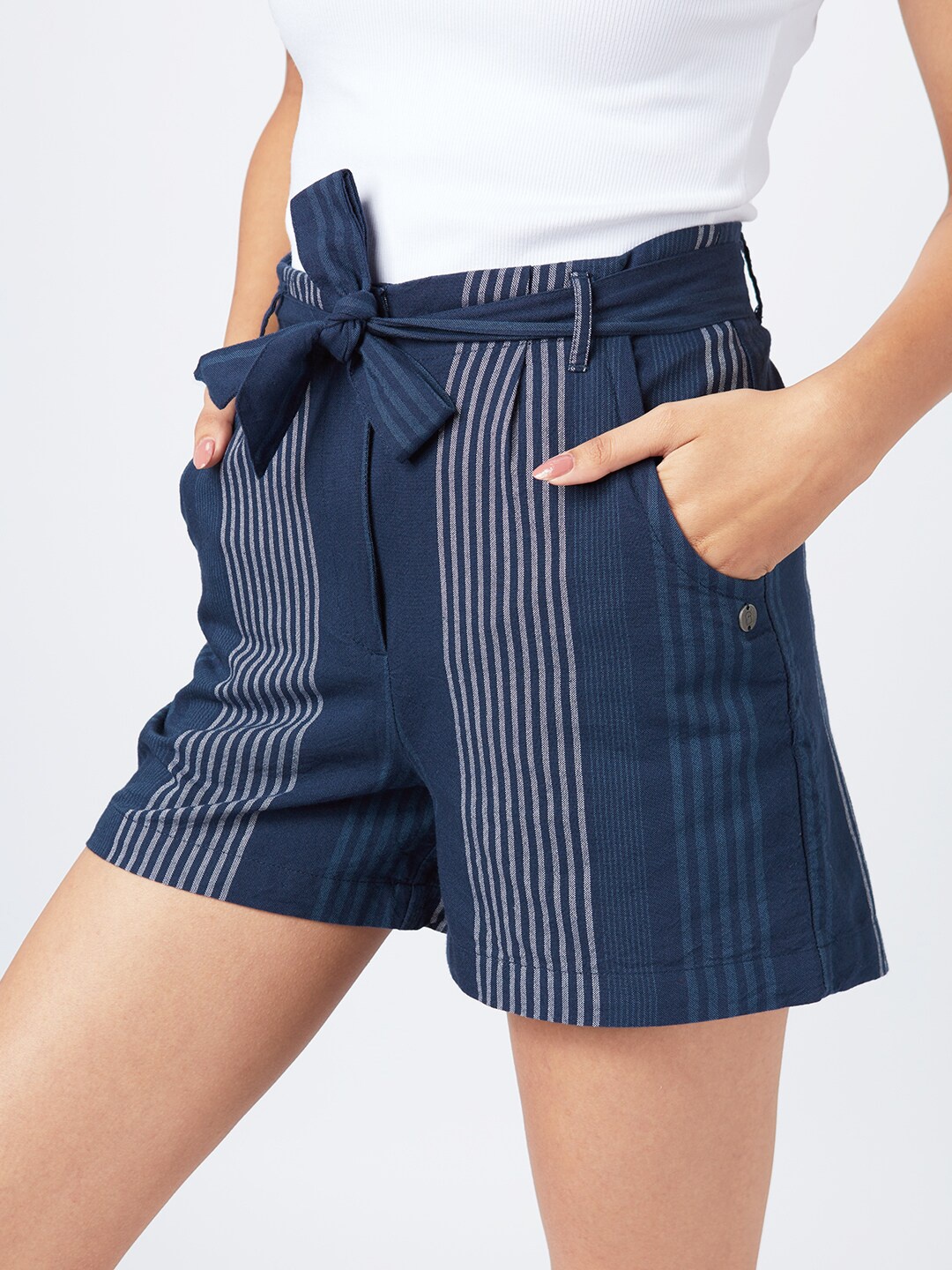 The Souled Store Women Blue Striped Shorts