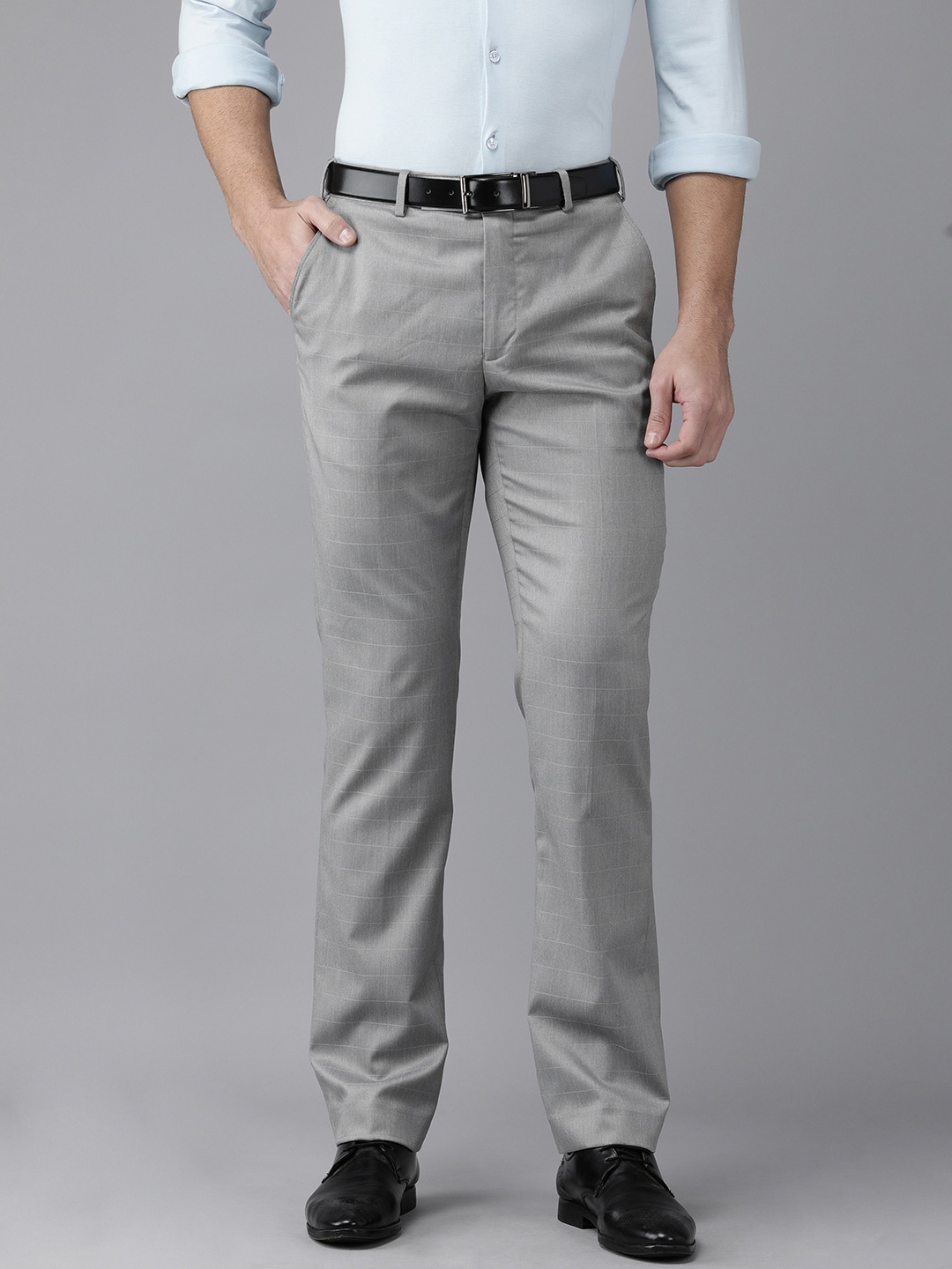 Park Avenue Men Grey Checked Formal Trousers