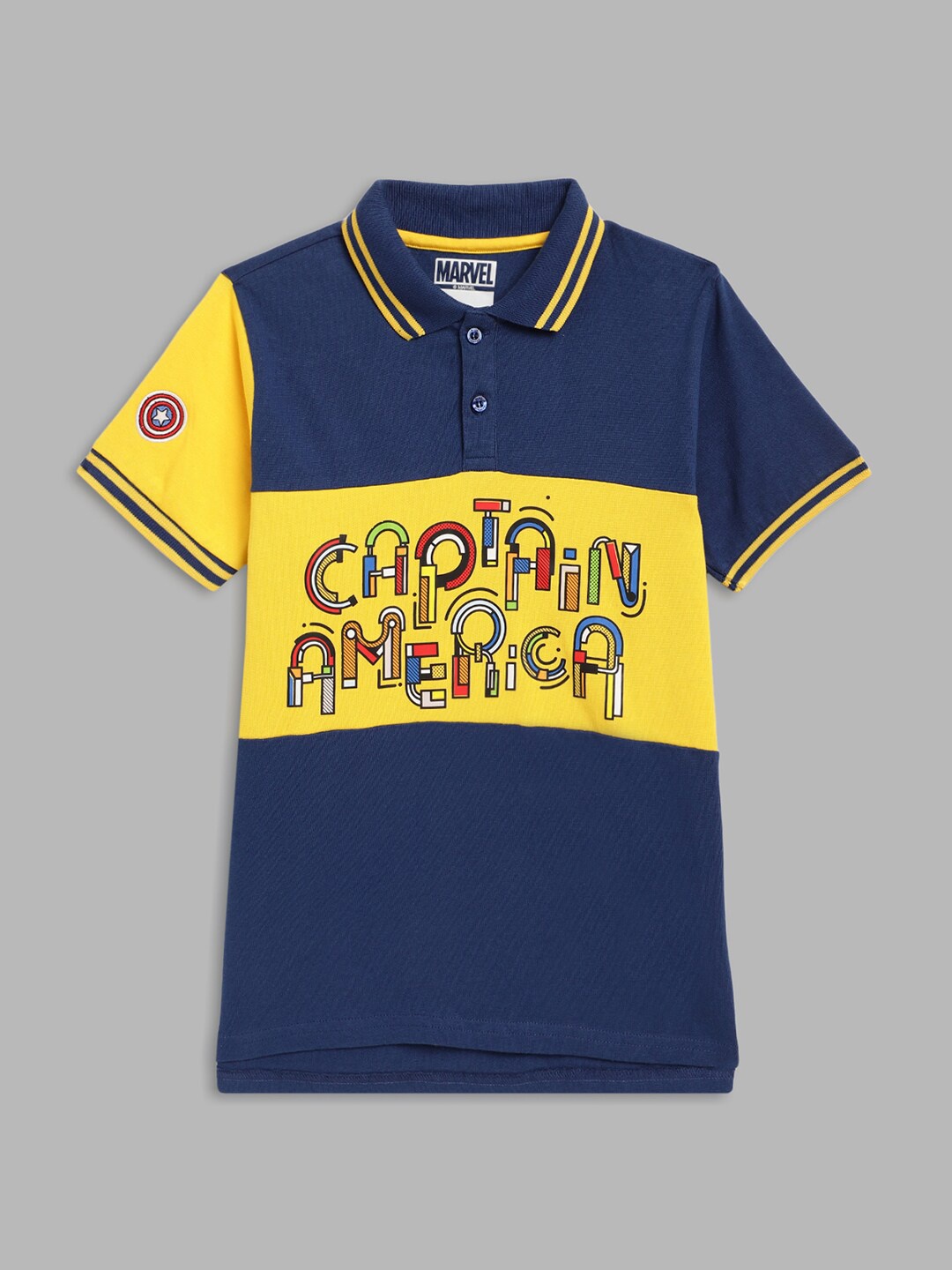 Blue Giraffe Boys Navy Blue & Yellow Captain America Printed Polo Collar Cotton T-shirt
Blue Giraffe Boys Navy Blue & Yellow Captain America Printed Polo Collar Cotton T-shirt