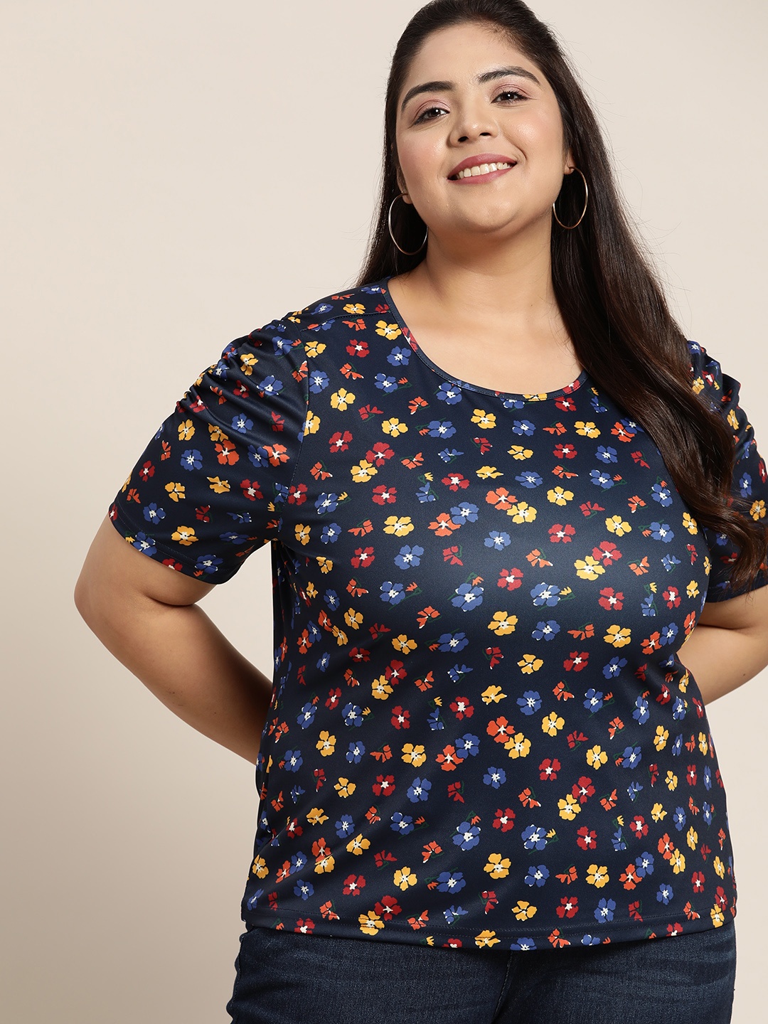 Sztori Women Plus Size Navy Blue & Yellow Floral Print Ruched Top