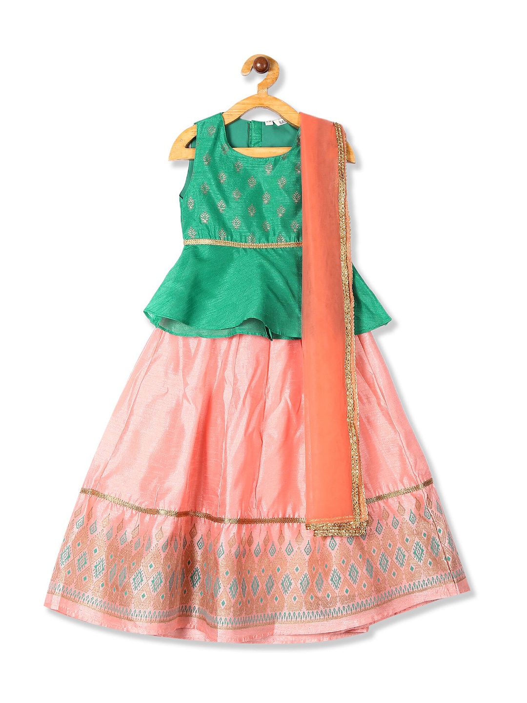 Karigari Girls Green & Pink Printed Ready to Wear Lehenga & Blouse With Dupatta