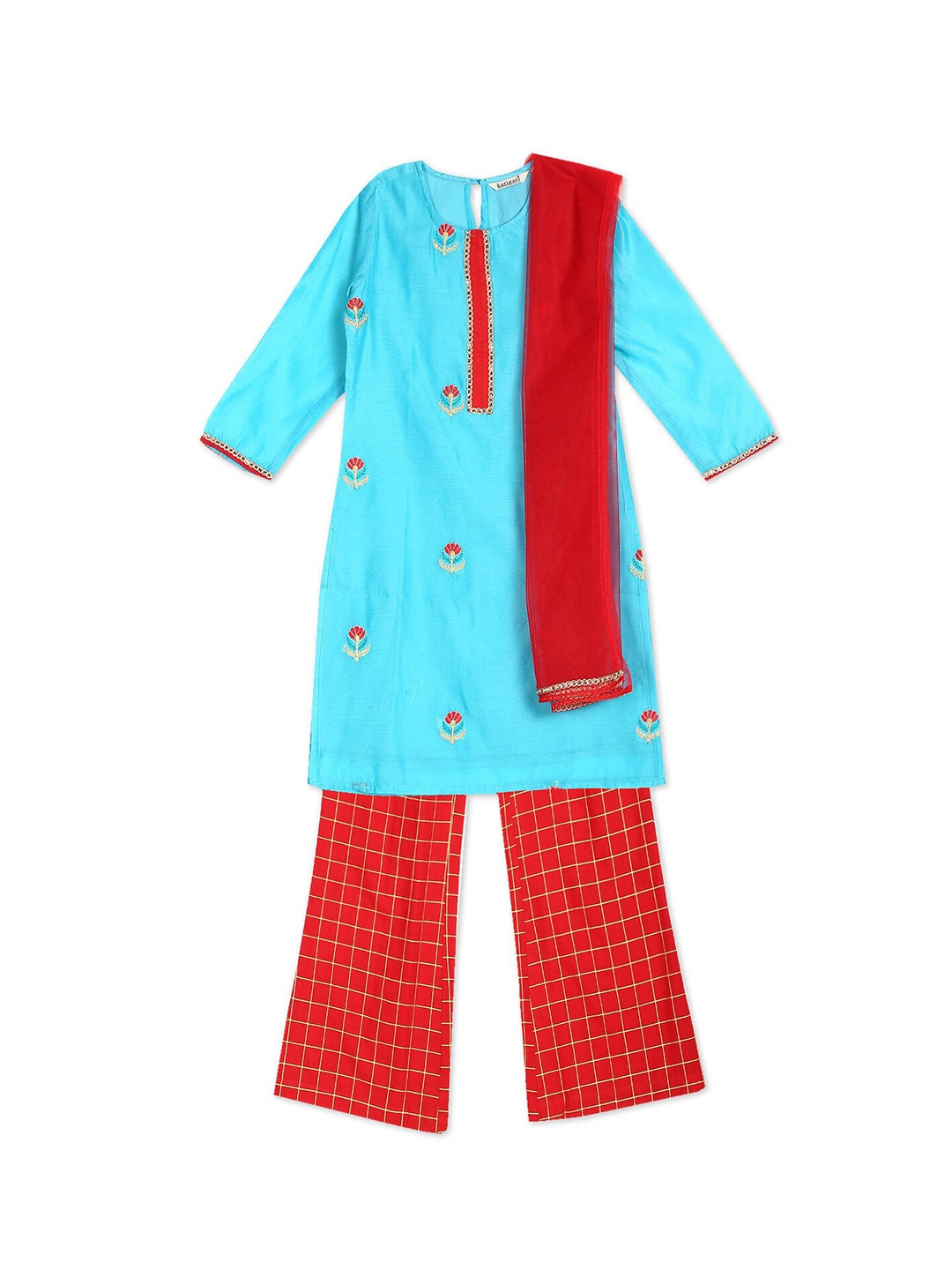 Karigari Girls Blue & Red Embellished Palazzos