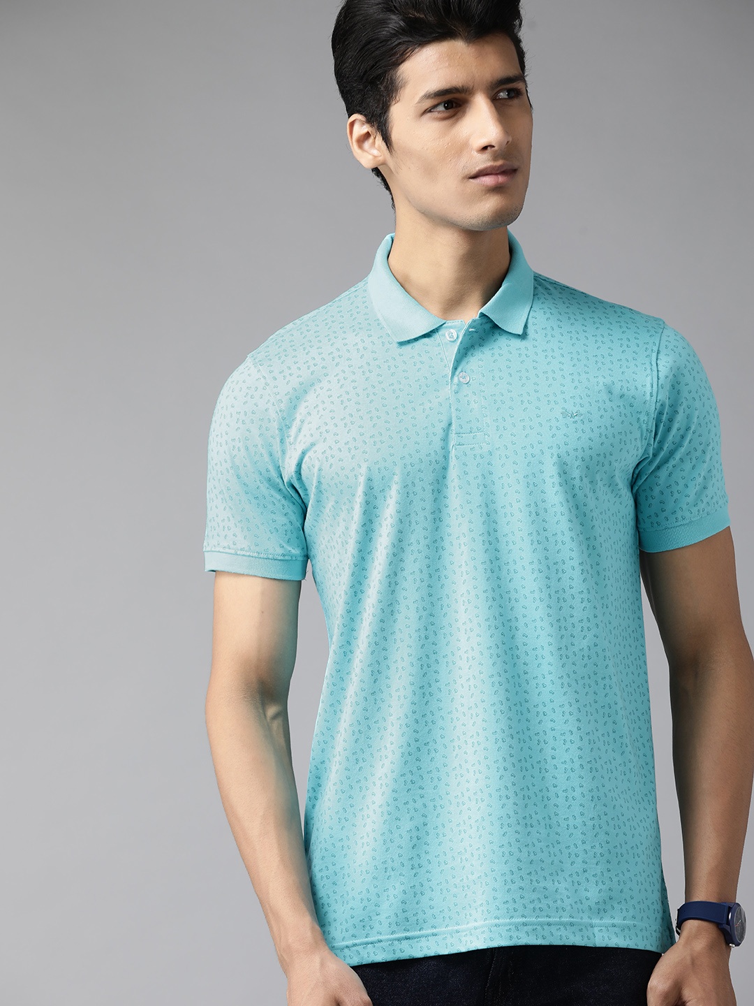 Park Avenue Men Blue Printed Polo Collar Slim Fit T-shirt