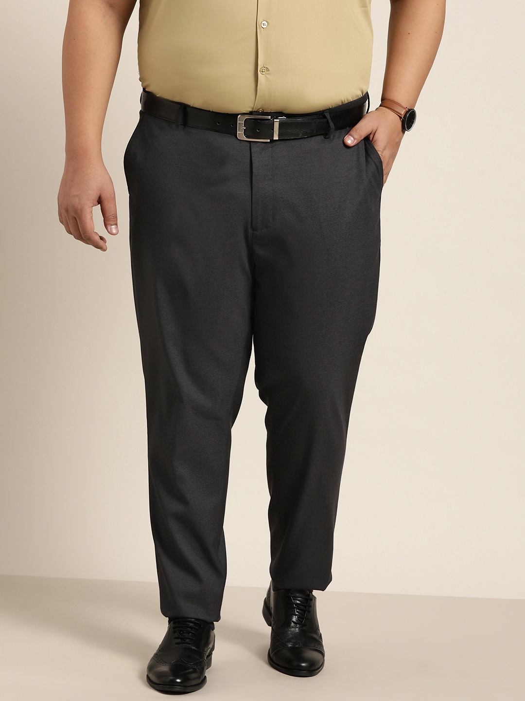 Sztori Men Plus Size Charcoal Grey Solid Formal Trousers