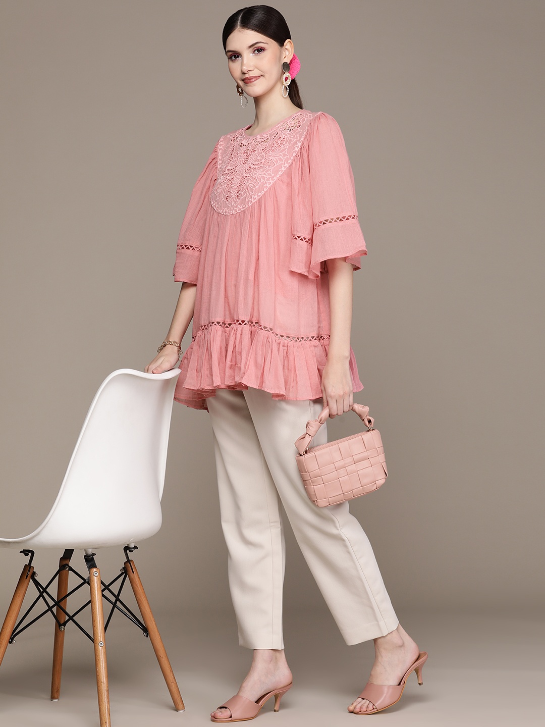 Ritu Kumar Peach-Coloured Schiffli Lace Inserts Sleeves Cotton Pleated A-Line Kurti
Ritu Kumar Peach-Coloured Schiffli Lace Inserts Sleeves Cotton Pleated A-Line Kurti