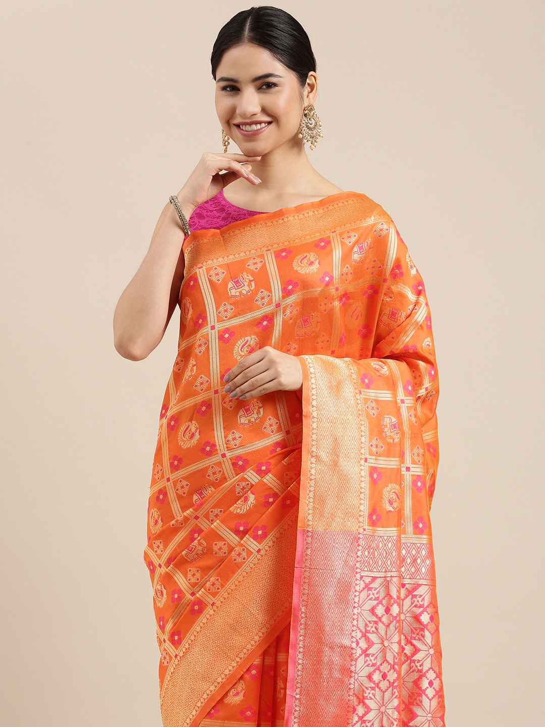 Shaily Orange & Pink Ethnic Motifs Zari Work Silk Blend Patola Saree With Blouse Piece
Shaily Orange & Pink Ethnic Motifs Zari Work Silk Blend Patola Saree With Blouse Piece