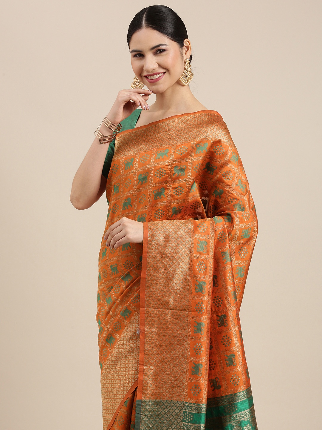 Shaily Orange & Green Ethnic Motifs Zari Work Silk Blend Patola Saree With Blouse Piece
Shaily Orange & Green Ethnic Motifs Zari Work Silk Blend Patola Saree With Blouse Piece