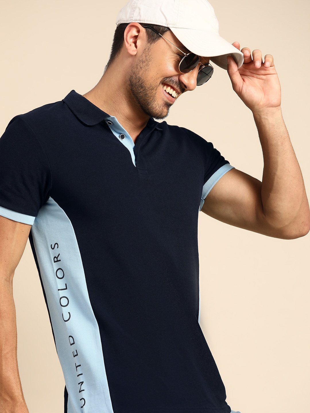 United Colors of Benetton Men Blue Solid Pure Cotton Polo Collar T-shirt