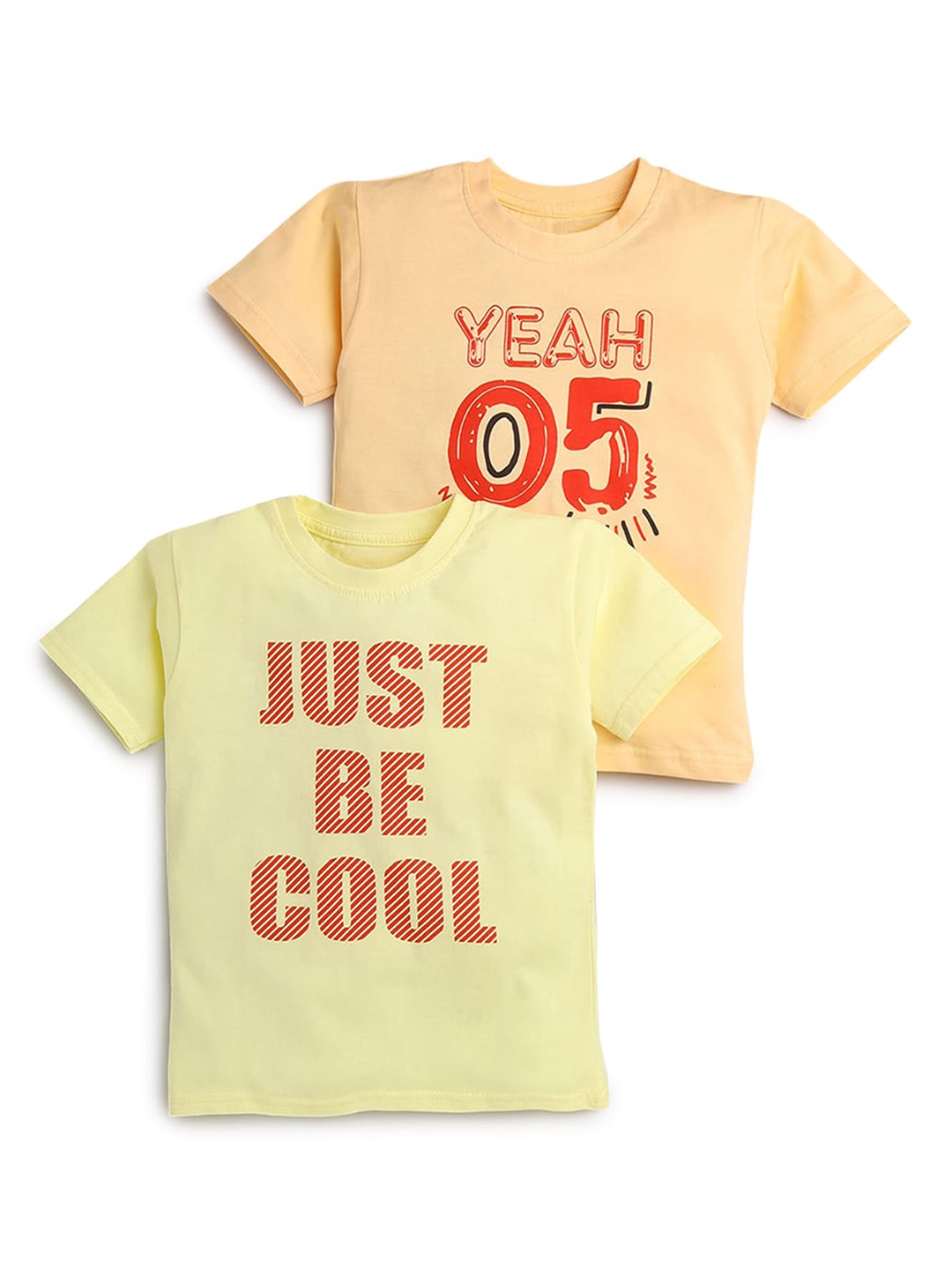Hopscotch Boys Set Of 2 Beige & Yellow Typography Printed Cotton T-shirt