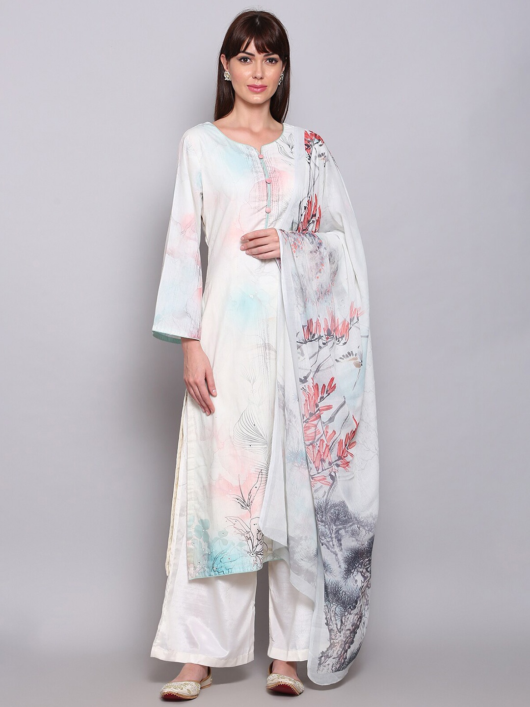 Stylee LIFESTYLE Cream & Blue Printed Unstitched Dress Material