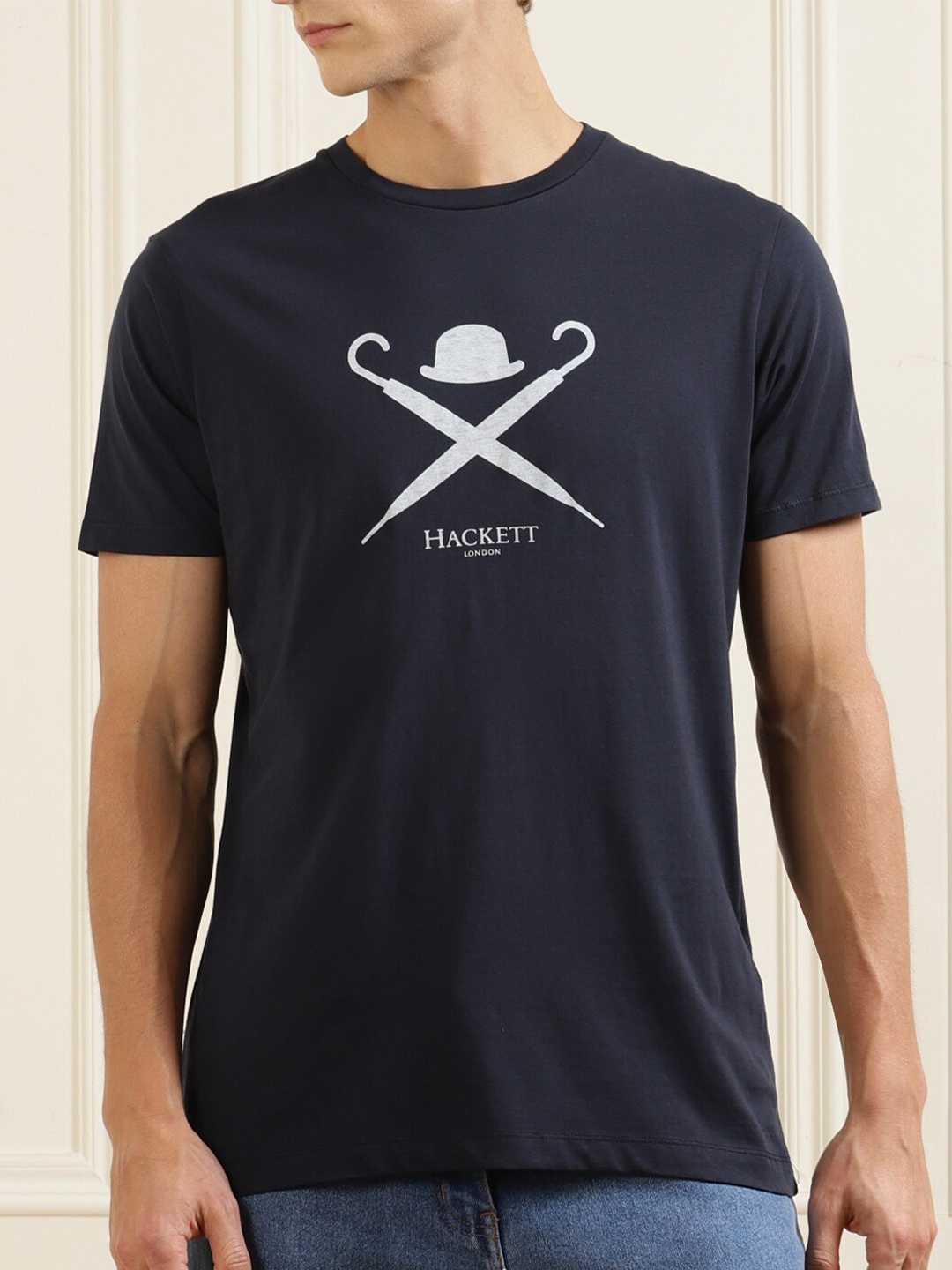 HACKETT LONDON Plus Size Navy Blue Typography Pure Cotton T-shirt