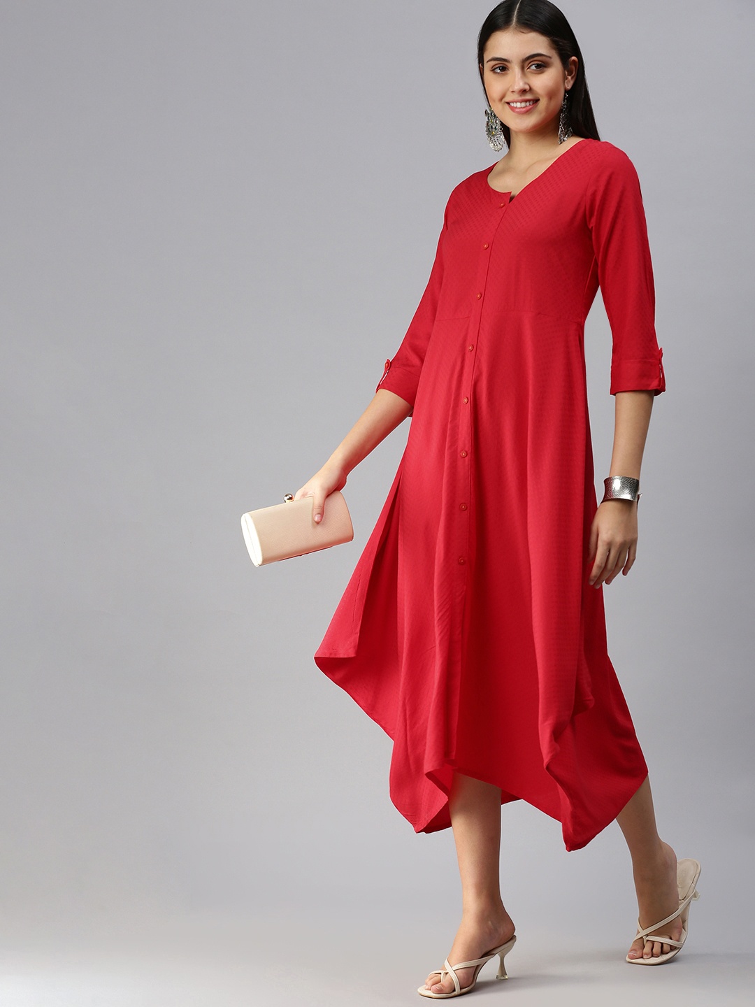 ETIQUETTE Red Embroidered A-Line Midi Dress