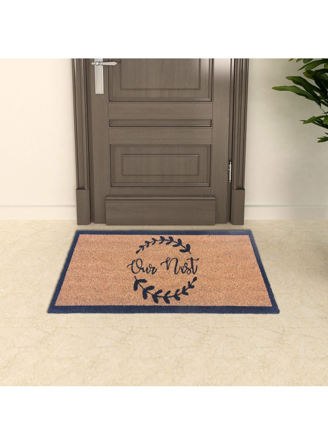 Home Centre Beige & Navy Blue Printed Anti-Skid Doormat