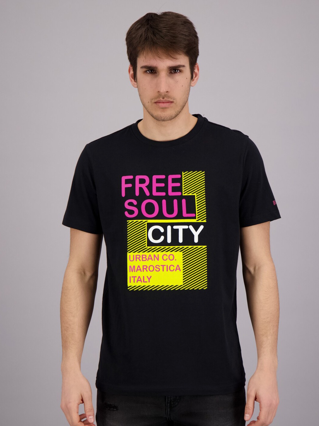 FREESOUL Men Black Typography Printed Pure Cotton T-shirt