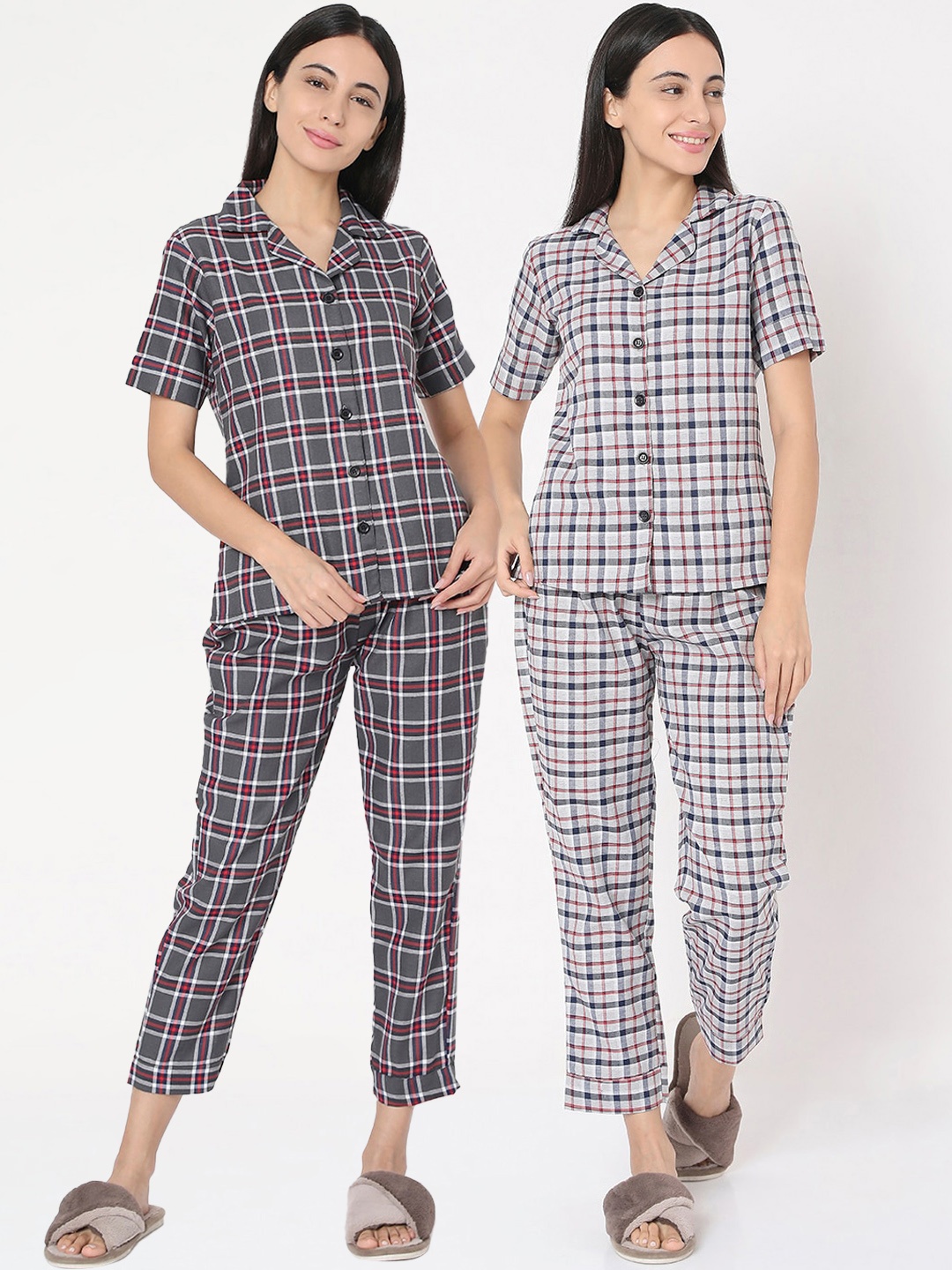 Smarty Pants Women Grey & Red Pack of 2 Checked Night suits