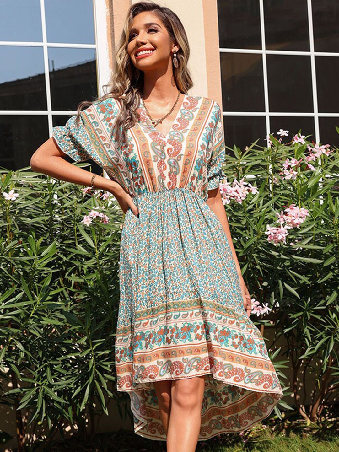 La Aimee Green Floral Kaftan Dress