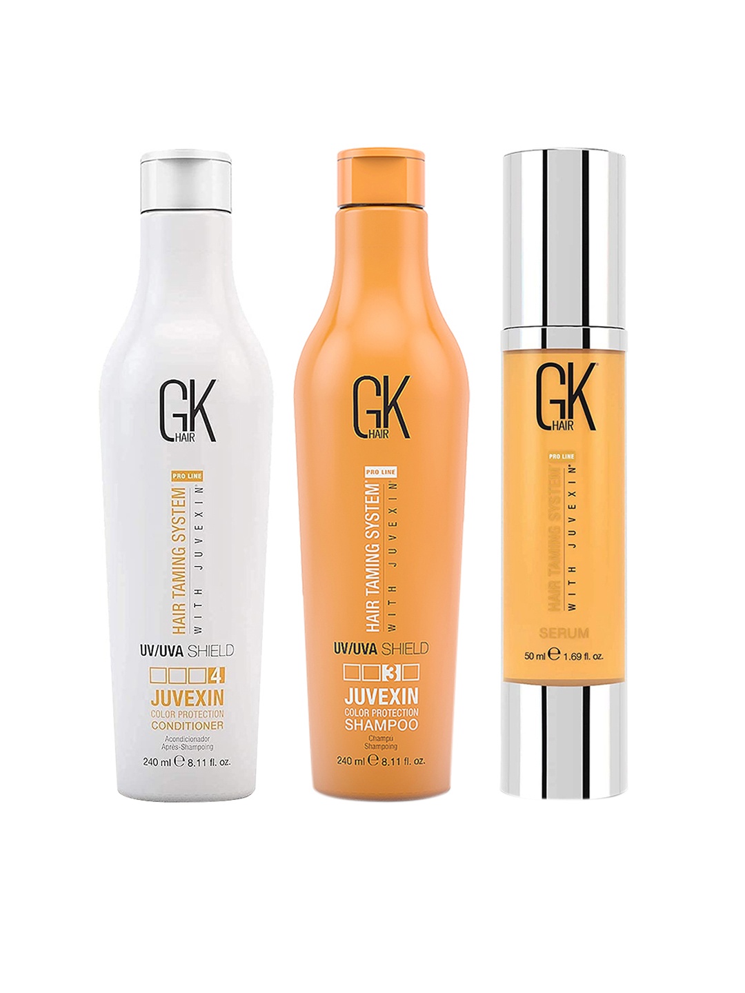 GK HAIR Set of Hair Taming System Color Protection Shampoo - Conditioner - Serum, Gold
GK HAIR Set of Hair Taming System Color Protection Shampoo - Conditioner - Serum, Gold
