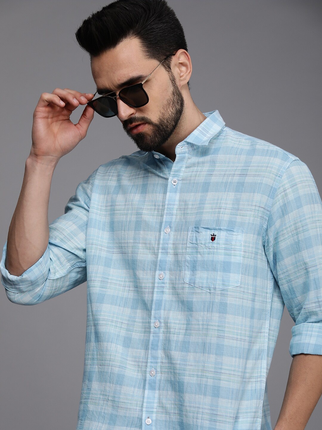 Louis Philippe Sport Men Blue & White Checked Slim Fit Casual Shirt
