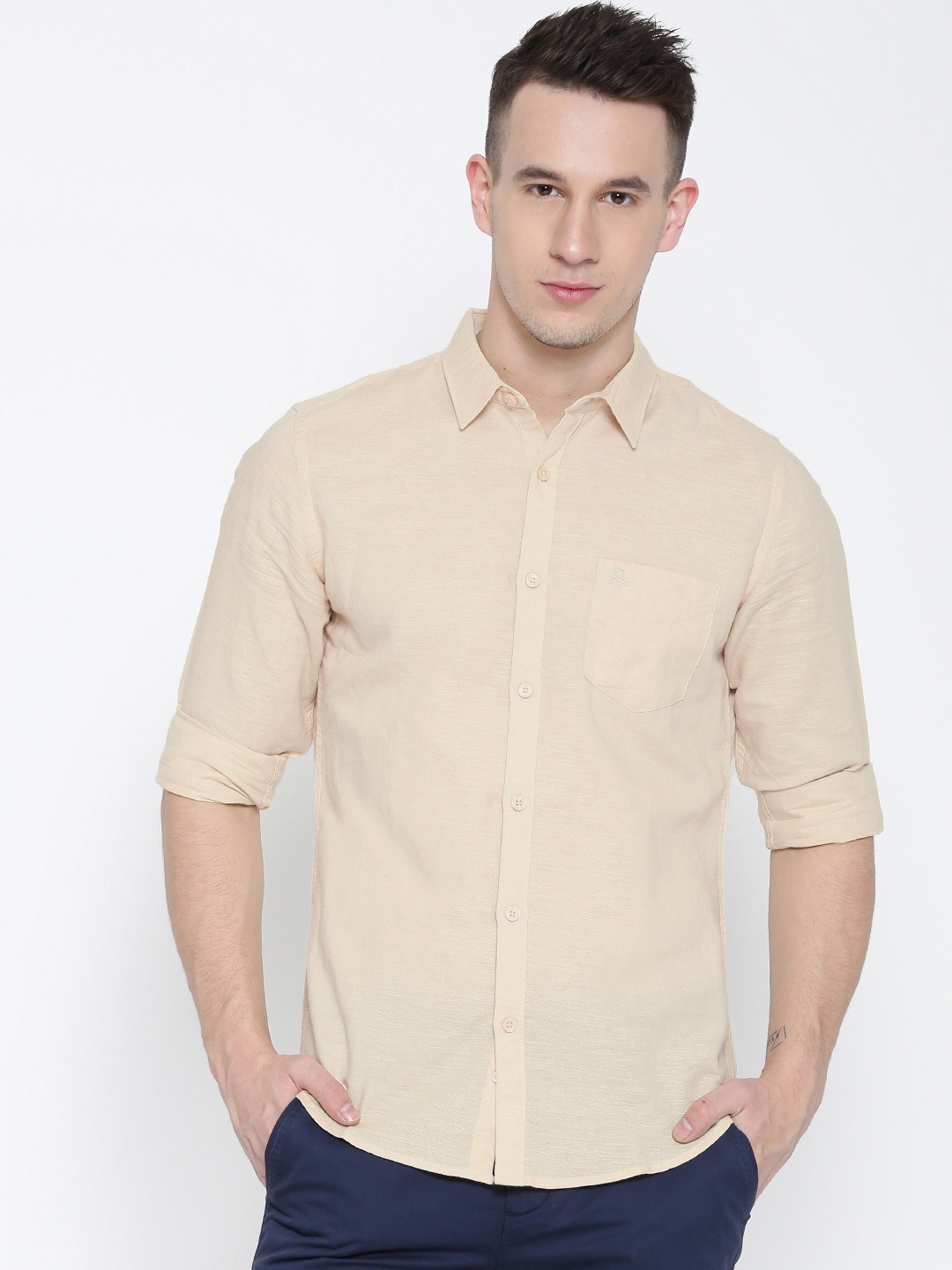 United Colors of Benetton Men Beige Solid Casual Shirt