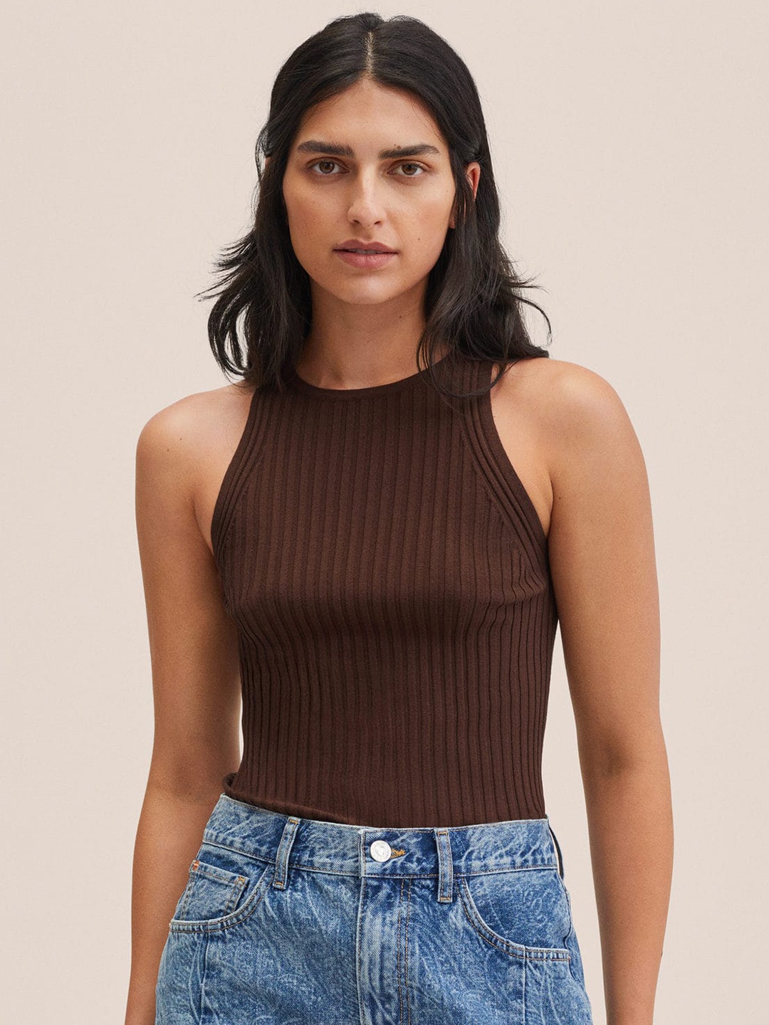 MANGO Women Brown Ribbed Top