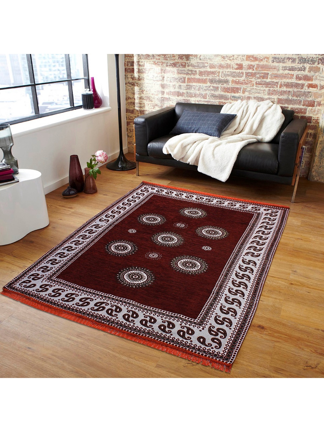 Home Centre Maroon & White Corsica Classic Jacquard Carpet