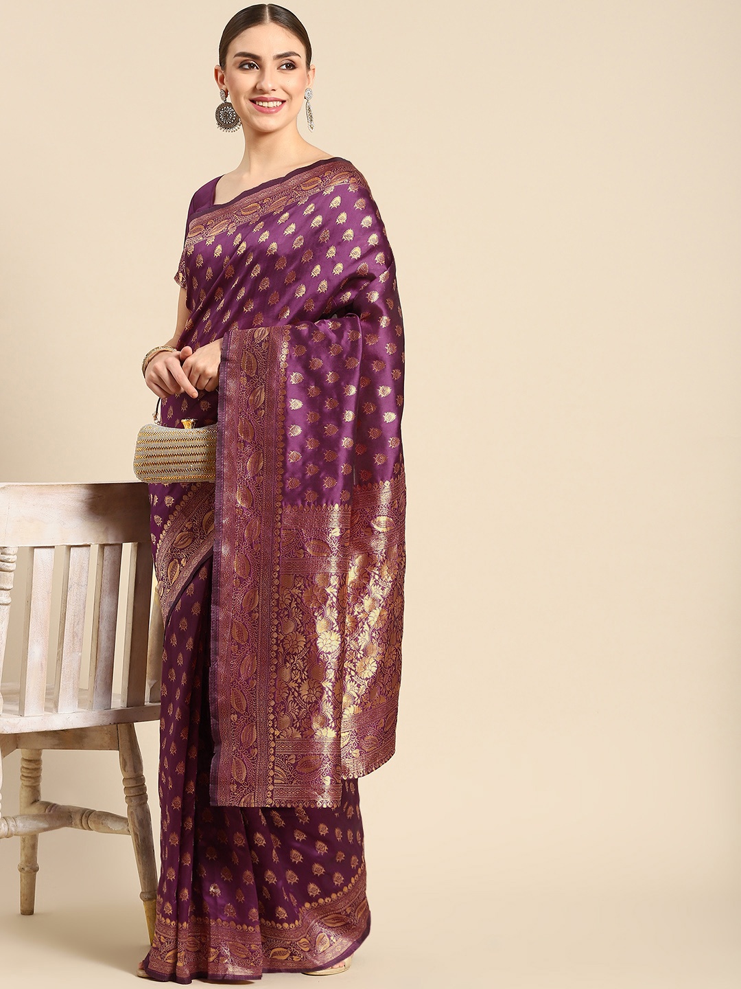 all about you Purple & Gold Floral Zari Silk Blend Celebrity Banarasi Saree