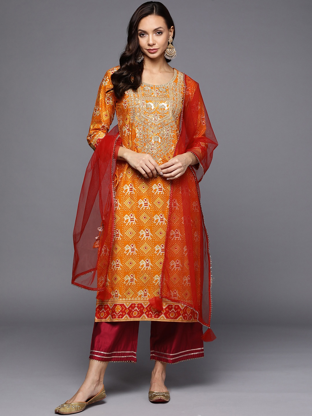 Indo Era Women Mustard Yellow & Red Ethnic Embroidered Kurta with Palazzos & Dupatta
Indo Era Women Mustard Yellow & Red Ethnic Embroidered Kurta with Palazzos & Dupatta