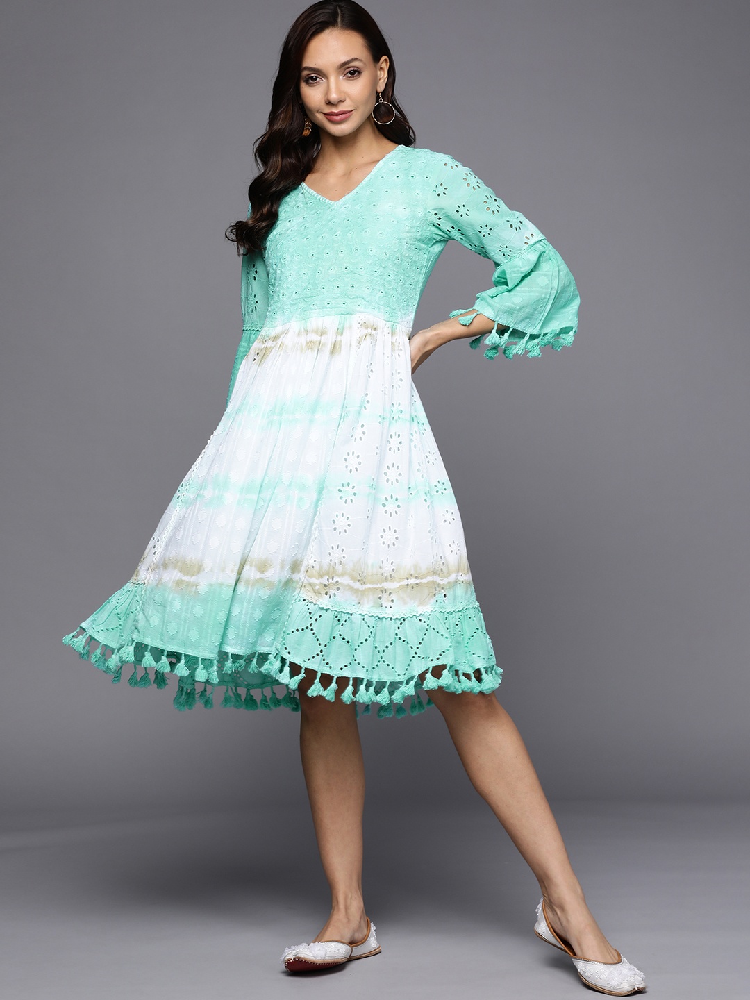 Indo Era Women Sea Green & White Embroidered Schiffli Ethnic Pure Cotton A-Line Dress
Indo Era Women Sea Green & White Embroidered Schiffli Ethnic Pure Cotton A-Line Dress