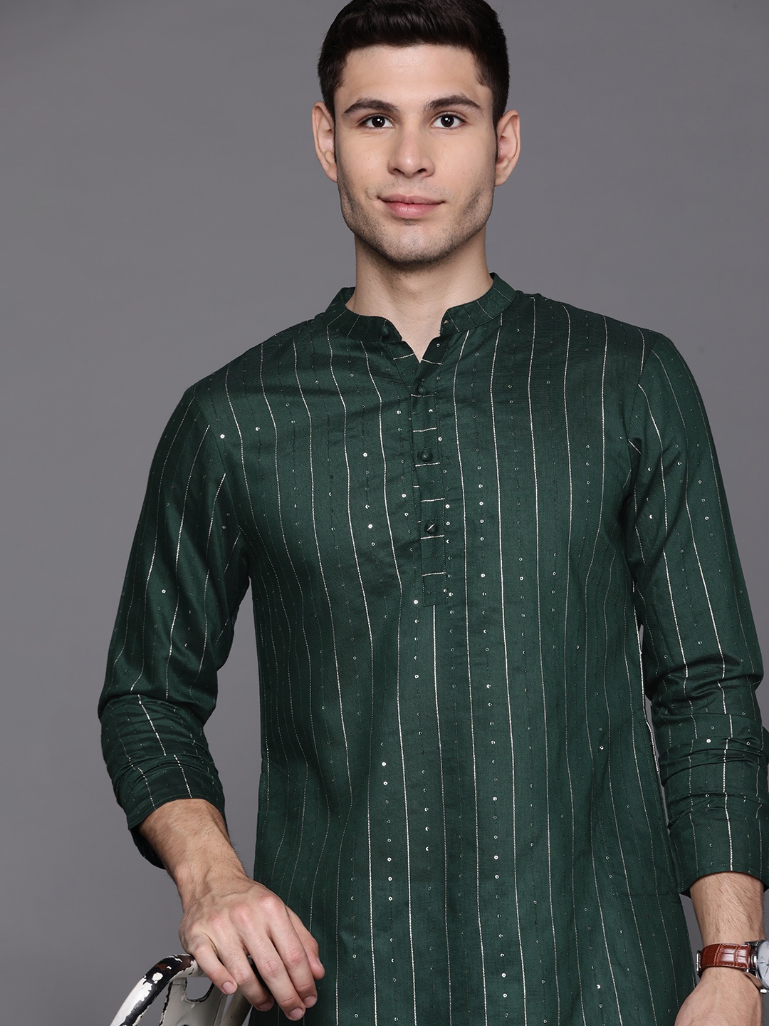 Indo Era Men Green Sequined Liva Kurta
