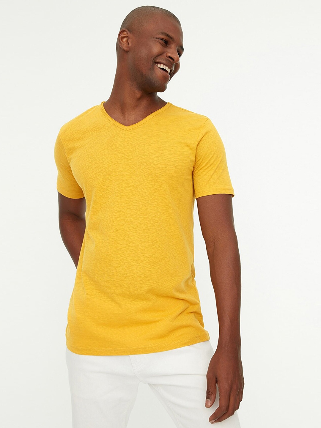 Trendyol Men Mustard Yellow V-Neck Pure Cotton Slim Fit T-shirt