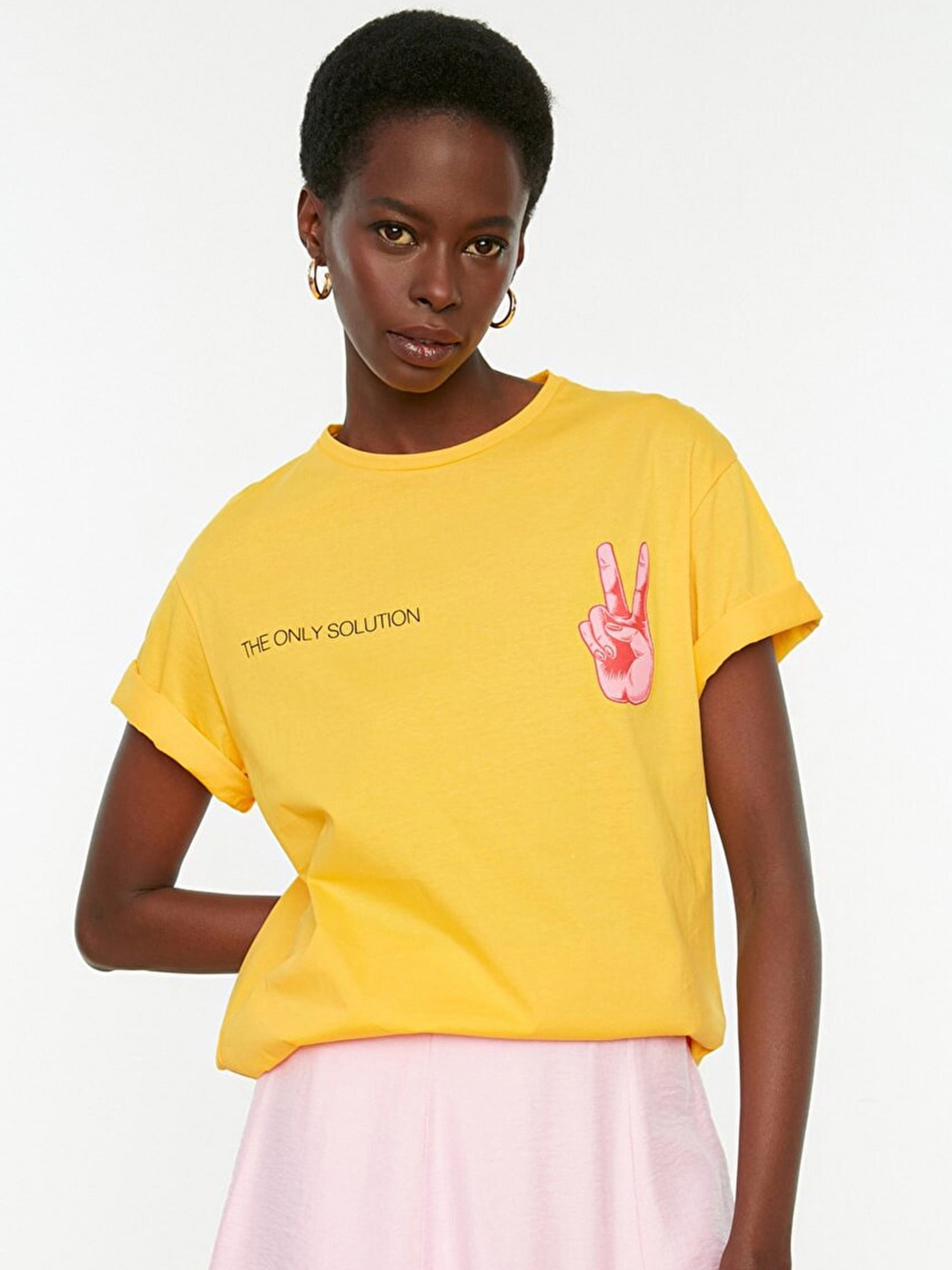 Trendyol Women Yellow Printed Drop-Shoulder Sleeves Pure Cotton T-shirt