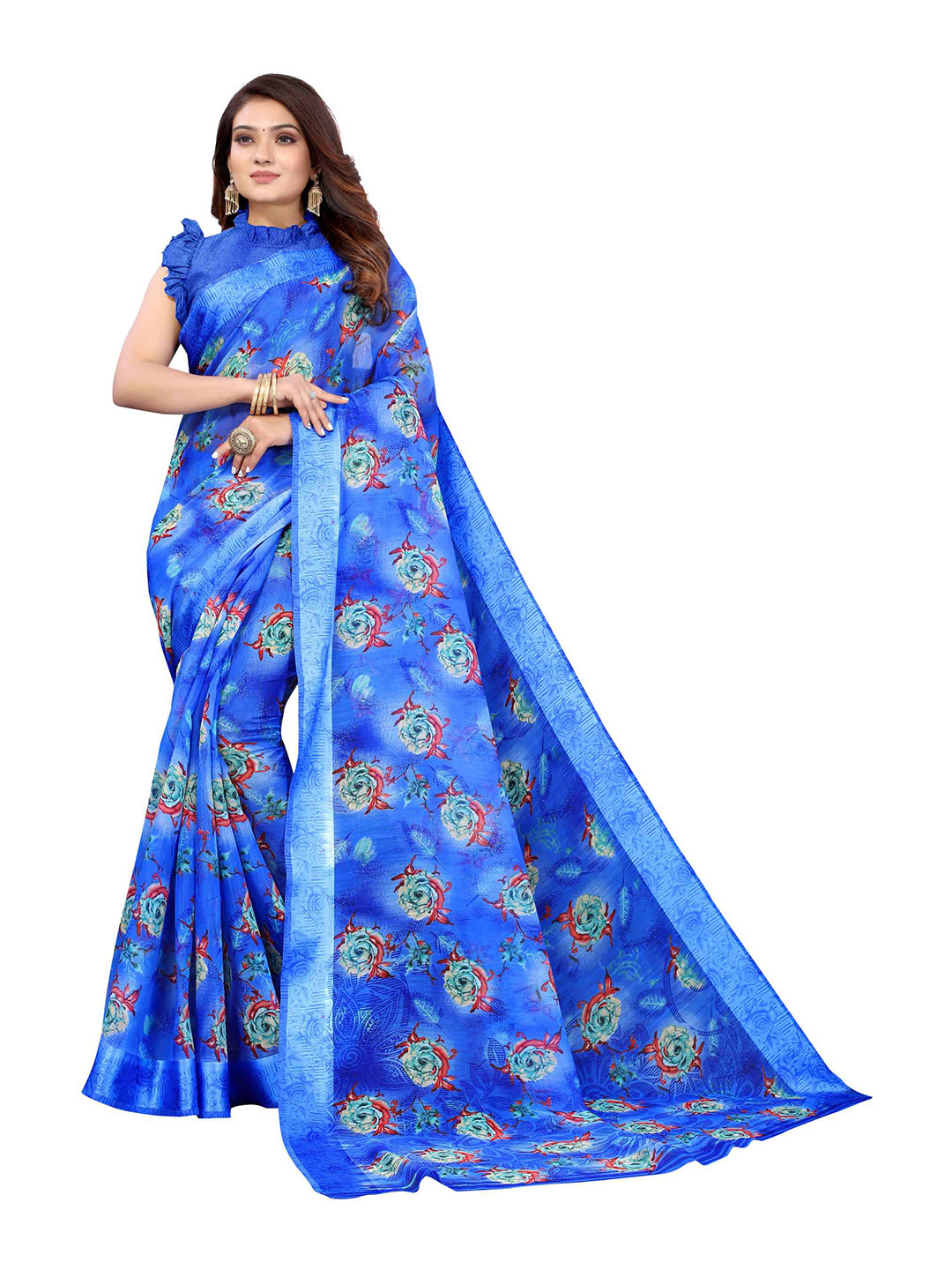 AADVIKA Blue & Red Floral Printed Cotton Linen Saree 
AADVIKA Blue & Red Floral Printed Cotton Linen Saree