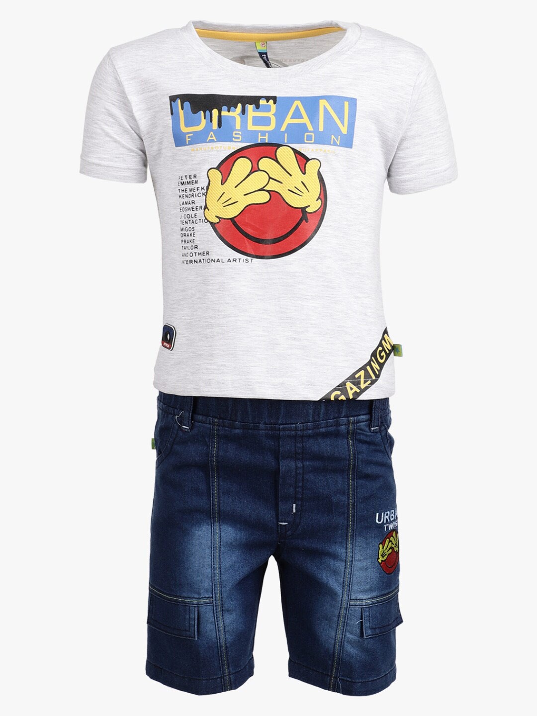 V-Mart Unisex Kids Grey Melange & Navy Blue Printed Pure Cotton T-shirt with Denim Shorts
V-Mart Unisex Kids Grey Melange & Navy Blue Printed Pure Cotton T-shirt with Denim Shorts