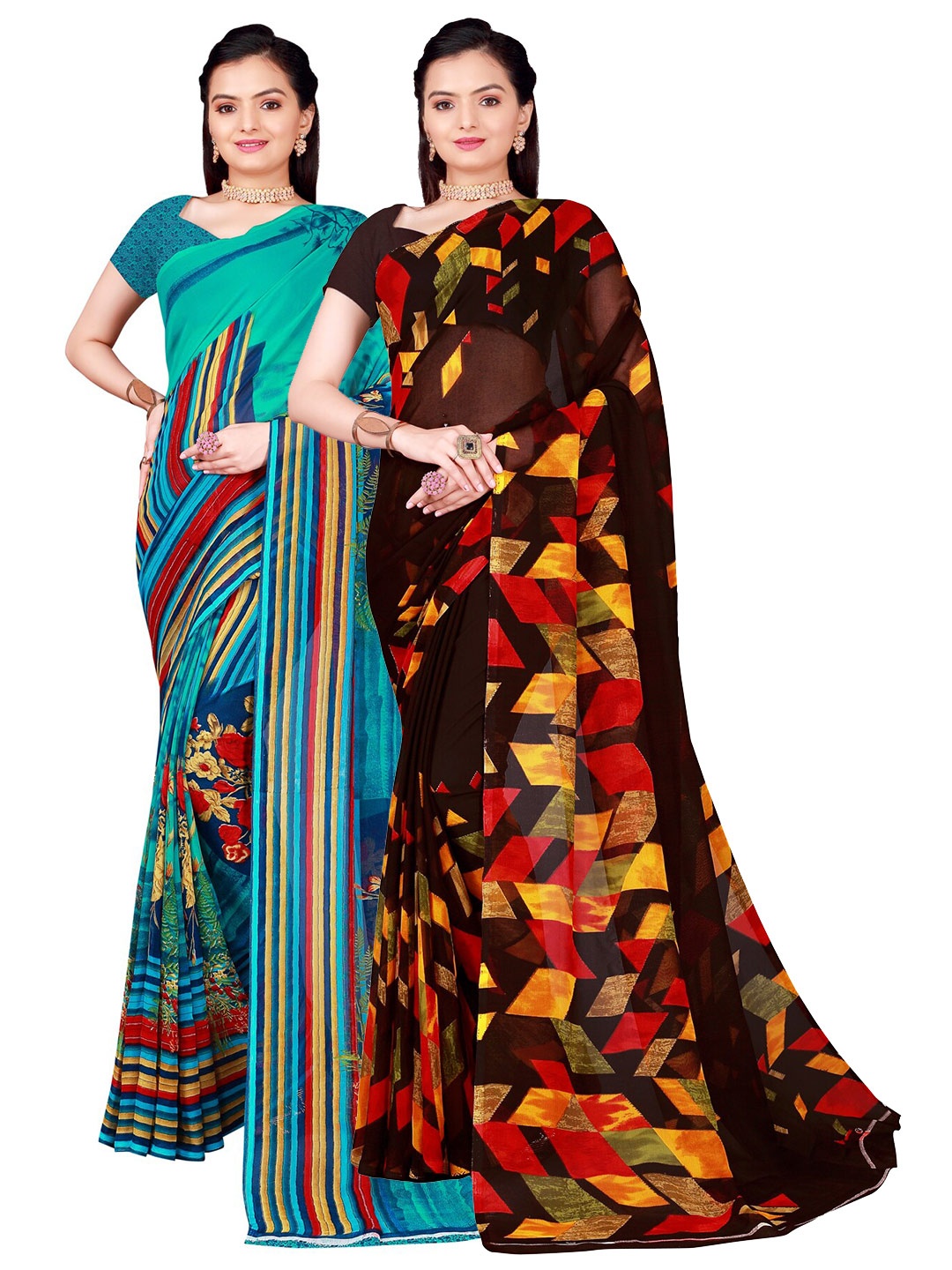 SAADHVI Pack Of 2 Blue & Brown Floral Georgette Saree