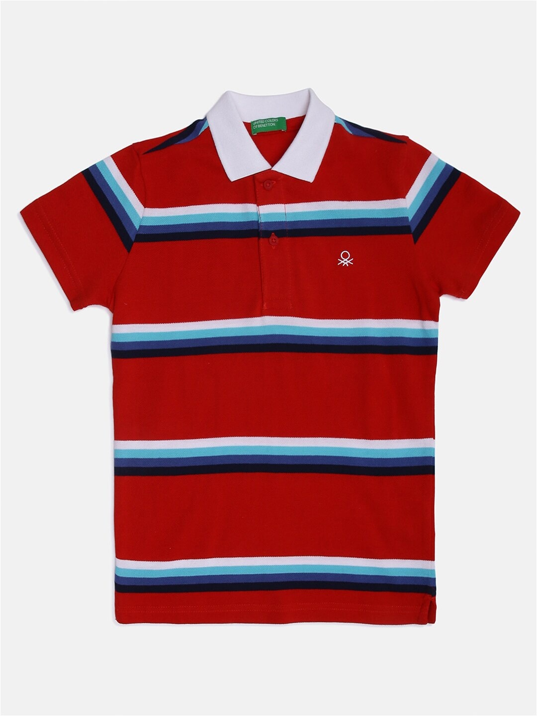 United Colors of Benetton Boys Red & Blue Striped Polo Collar Cotton T-shirt