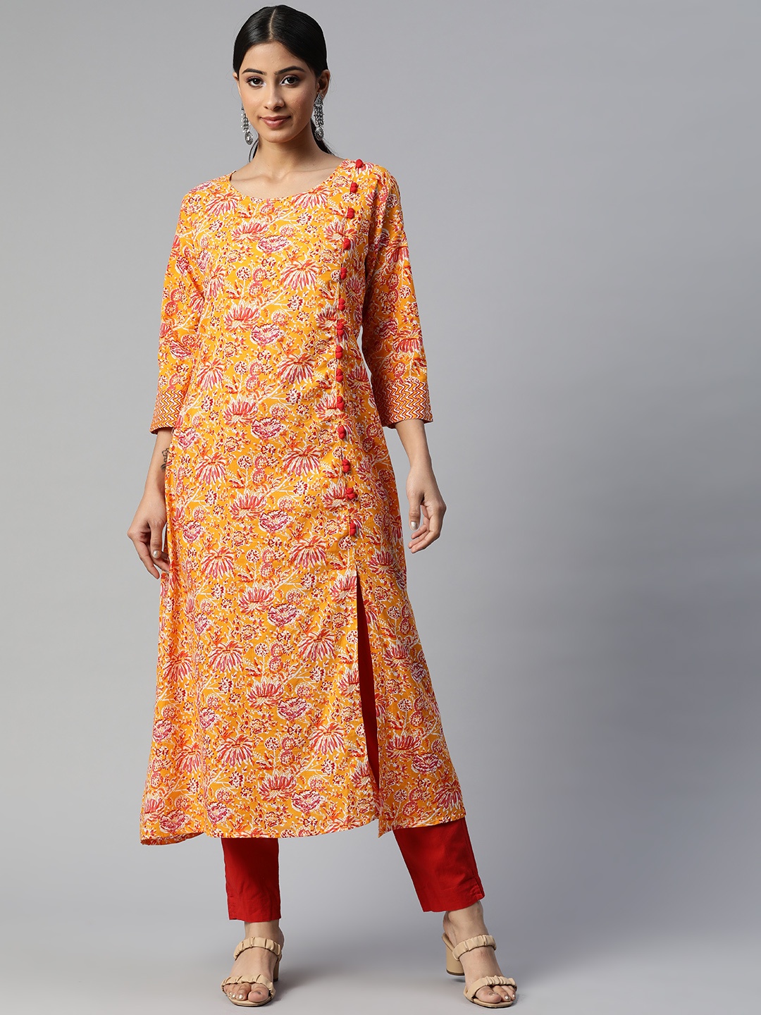 SVARCHI Women Orange & Pink Ethnic Motifs Cotton Printed Kurta