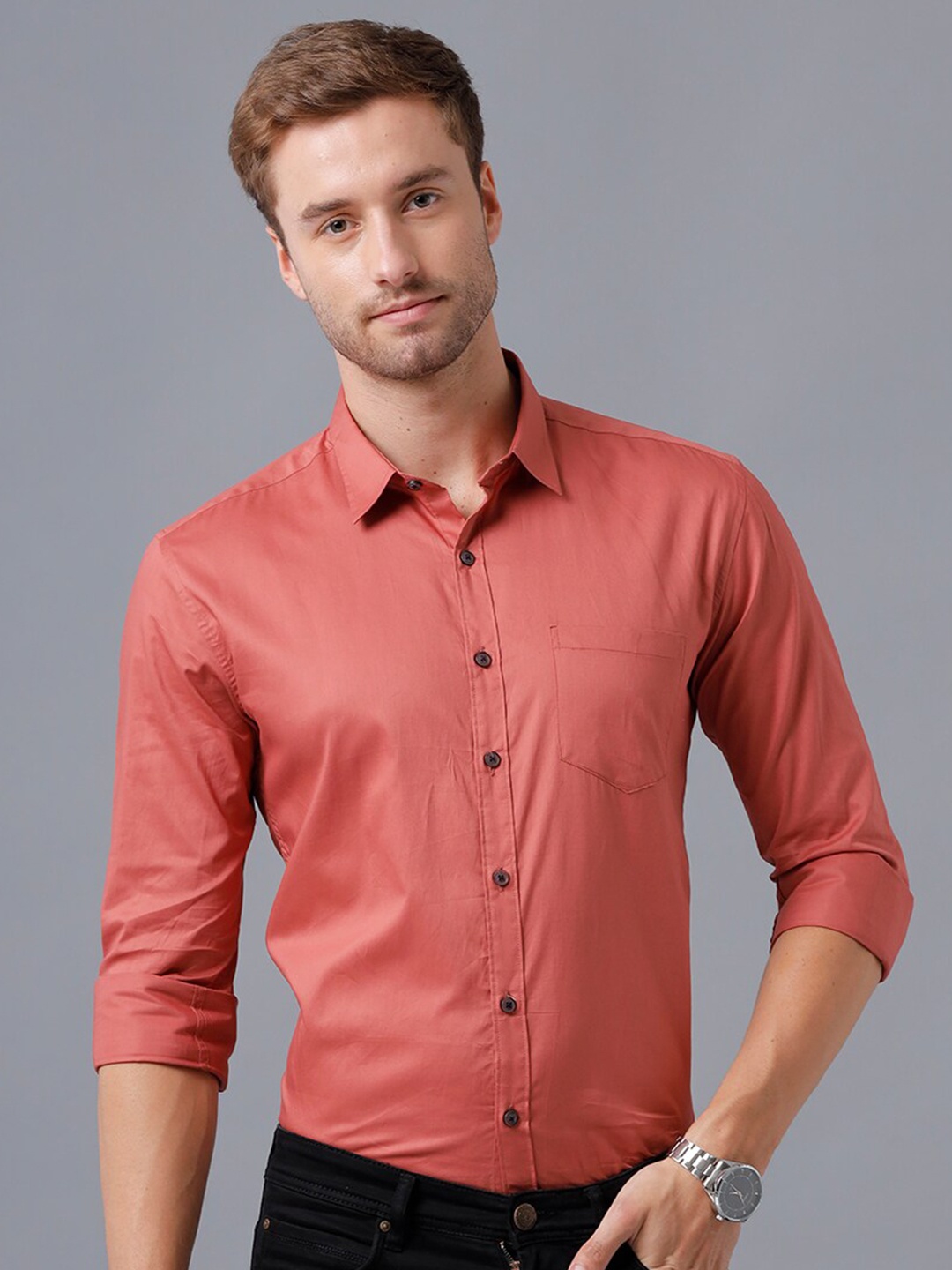 YOVISH Men Coral Pink Smart Slim Fit Cotton Party Shirt