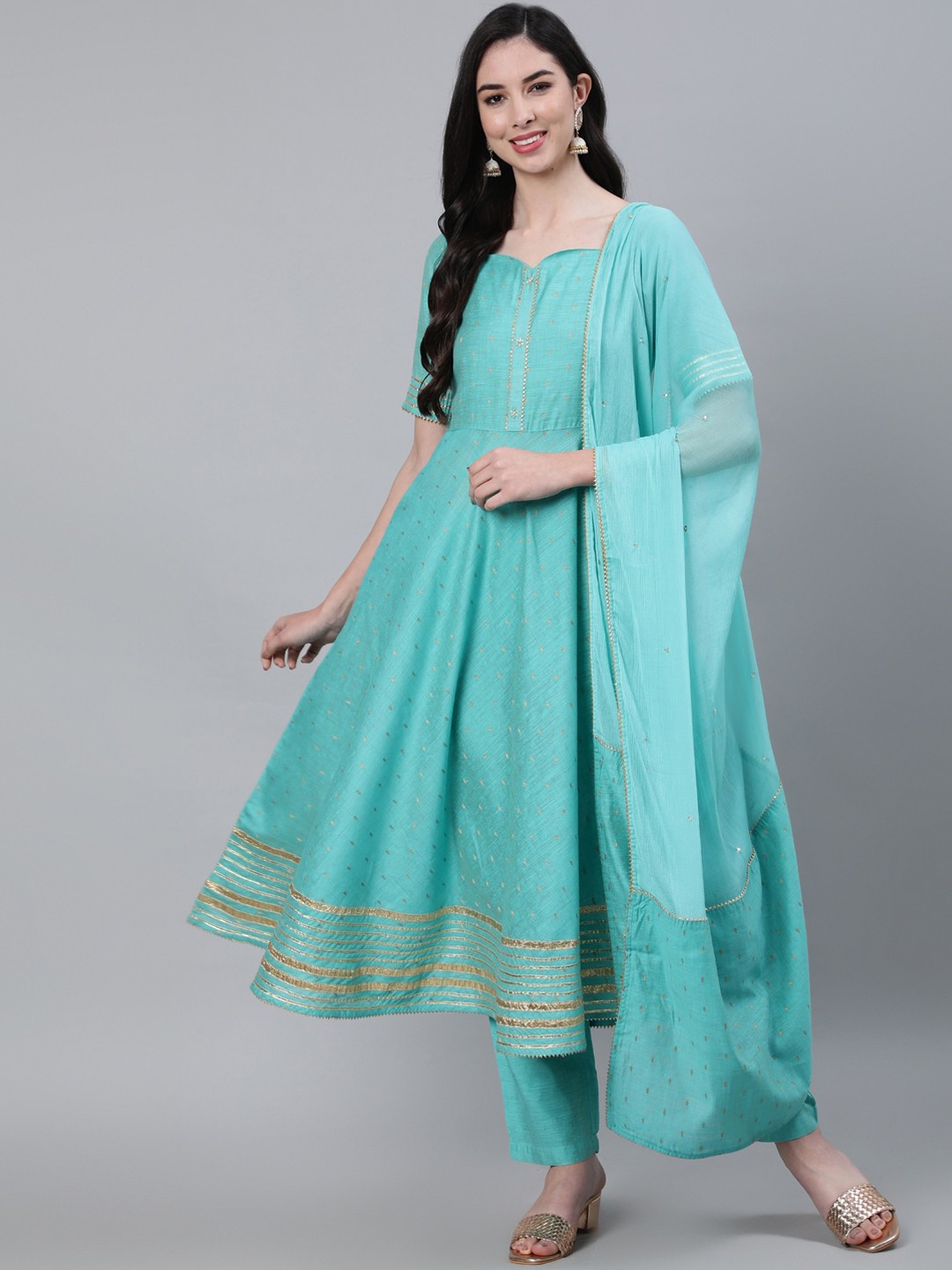 Jaipur Kurti Women Turquoise Blue Ethnic Motifs Gotta Patti Chanderi Silk Kurta with Trousers & With Dupatta
Jaipur Kurti Women Turquoise Blue Ethnic Motifs Gotta Patti Chanderi Silk Kurta with Trousers & With Dupatta