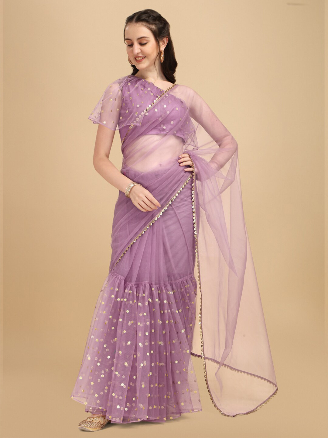 Sangria Lavender & Gold-Toned Embellished Sequinned Net Half and Half Saree
Sangria Lavender & Gold-Toned Embellished Sequinned Net Half and Half Saree