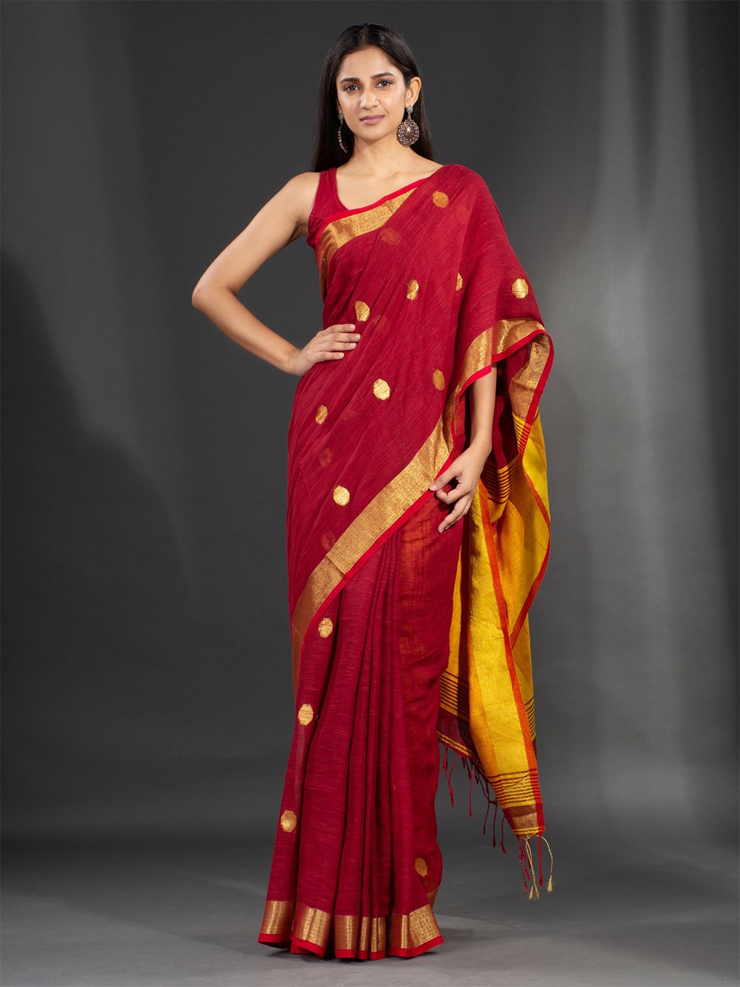Charukriti Red & Yellow Zari Pure Linen Saree