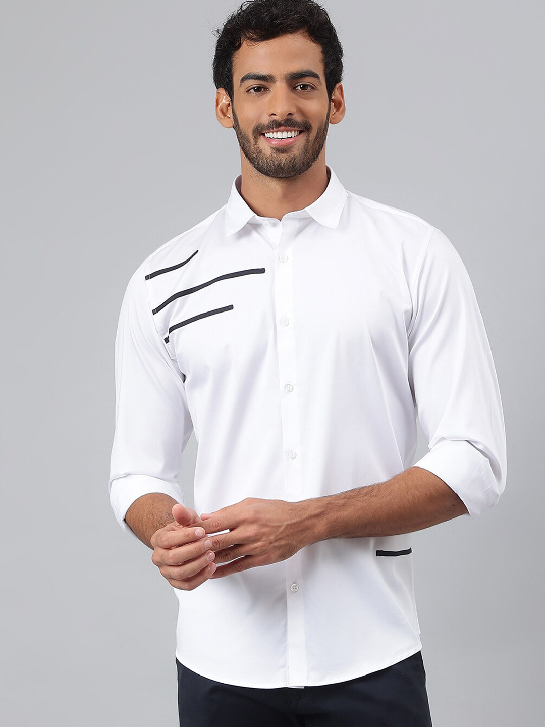 MR BUTTON Men Black Smart Slim Fit Casual Shirt, White 
MR BUTTON Men Black Smart Slim Fit Casual Shirt, White