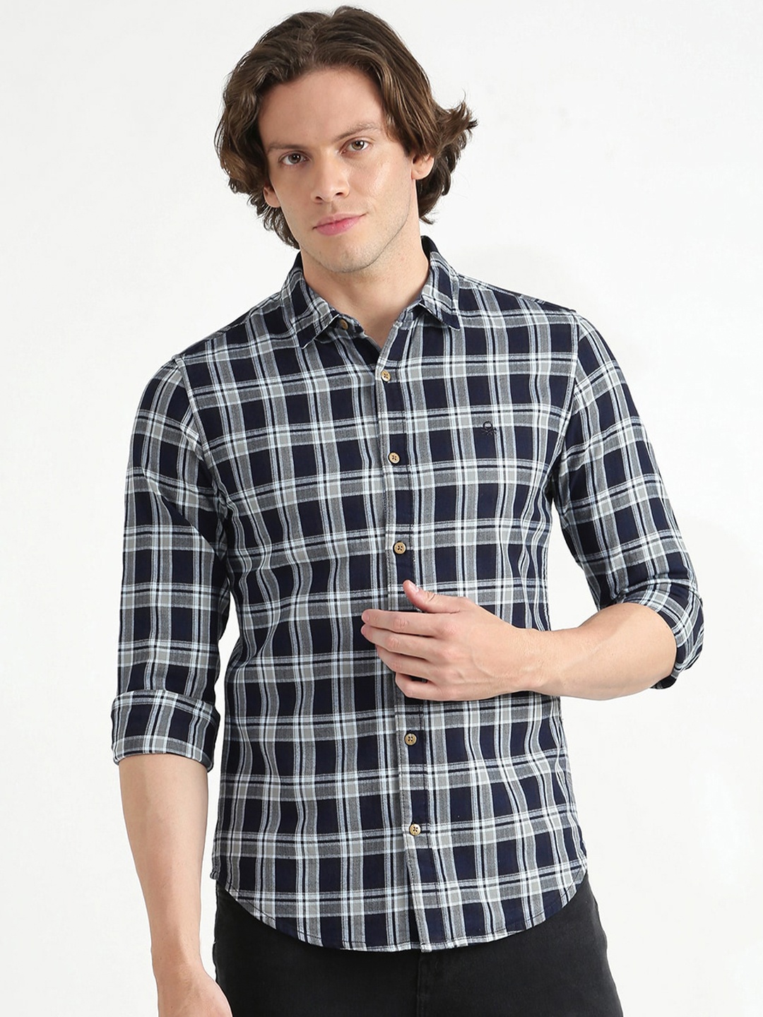 United Colors of Benetton Men Blue Slim Fit Tartan Checked Cotton Casual Shirt