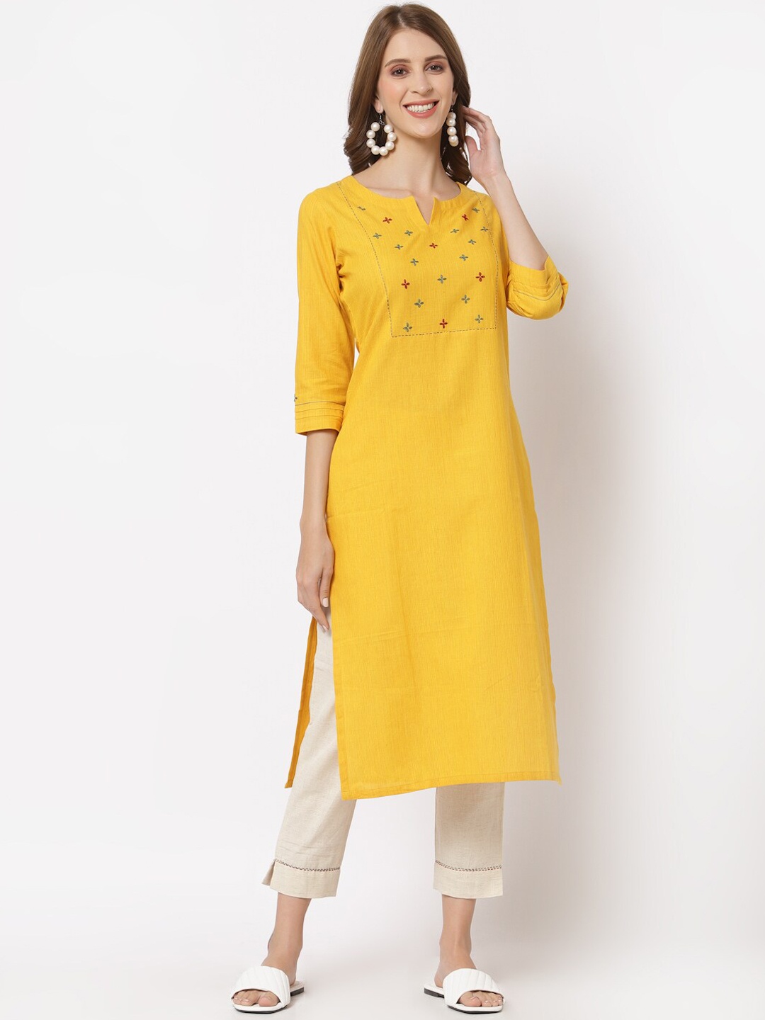 KAMI KUBI Women Yellow Embroidered Keyhole Neck Mirror Work Kurta
