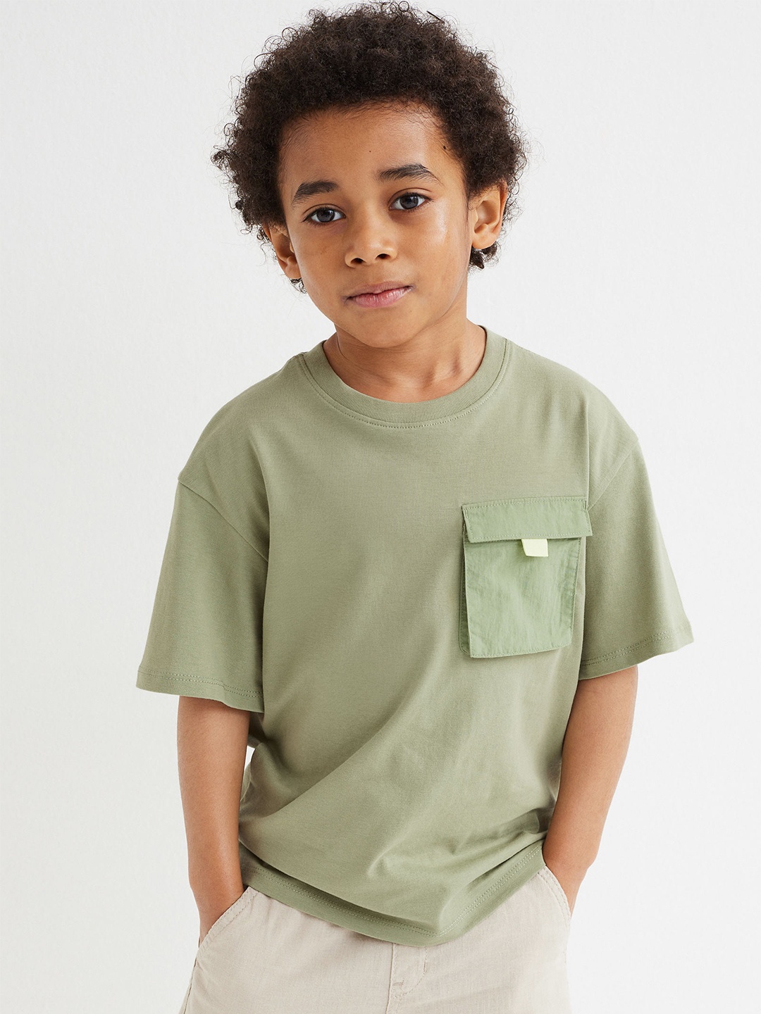 H&M Boys Green Oversized Pocket-Detail T-Shirt