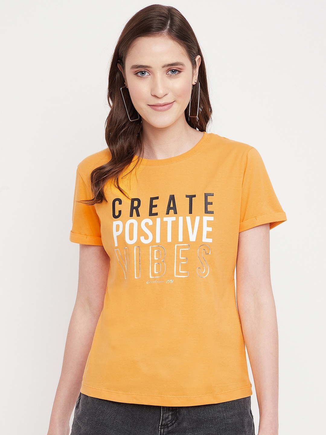 Octave Women Mustard Yellow Typography Printed T-shirt