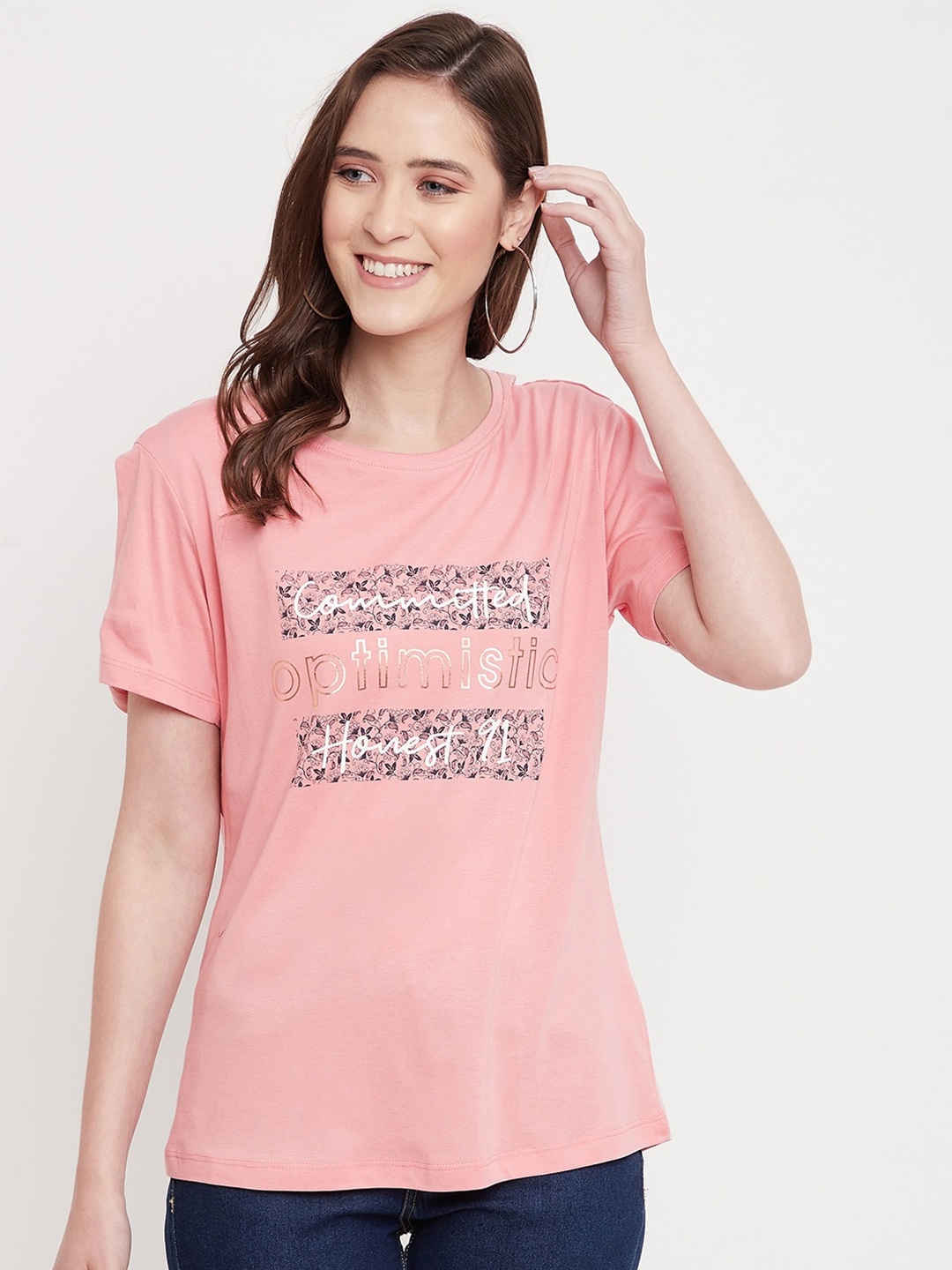 Octave Women Pink & White Typography Printed T-shirt