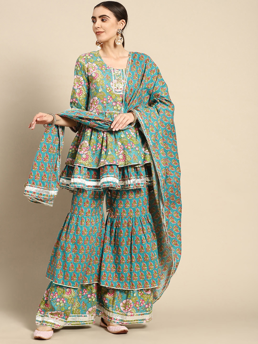 Prakhya Women Blue Pure Cotton Ethnic Motifs Printed Layered Kurti with Sharara & Dupatta
Prakhya Women Blue Pure Cotton Ethnic Motifs Printed Layered Kurti with Sharara & Dupatta
