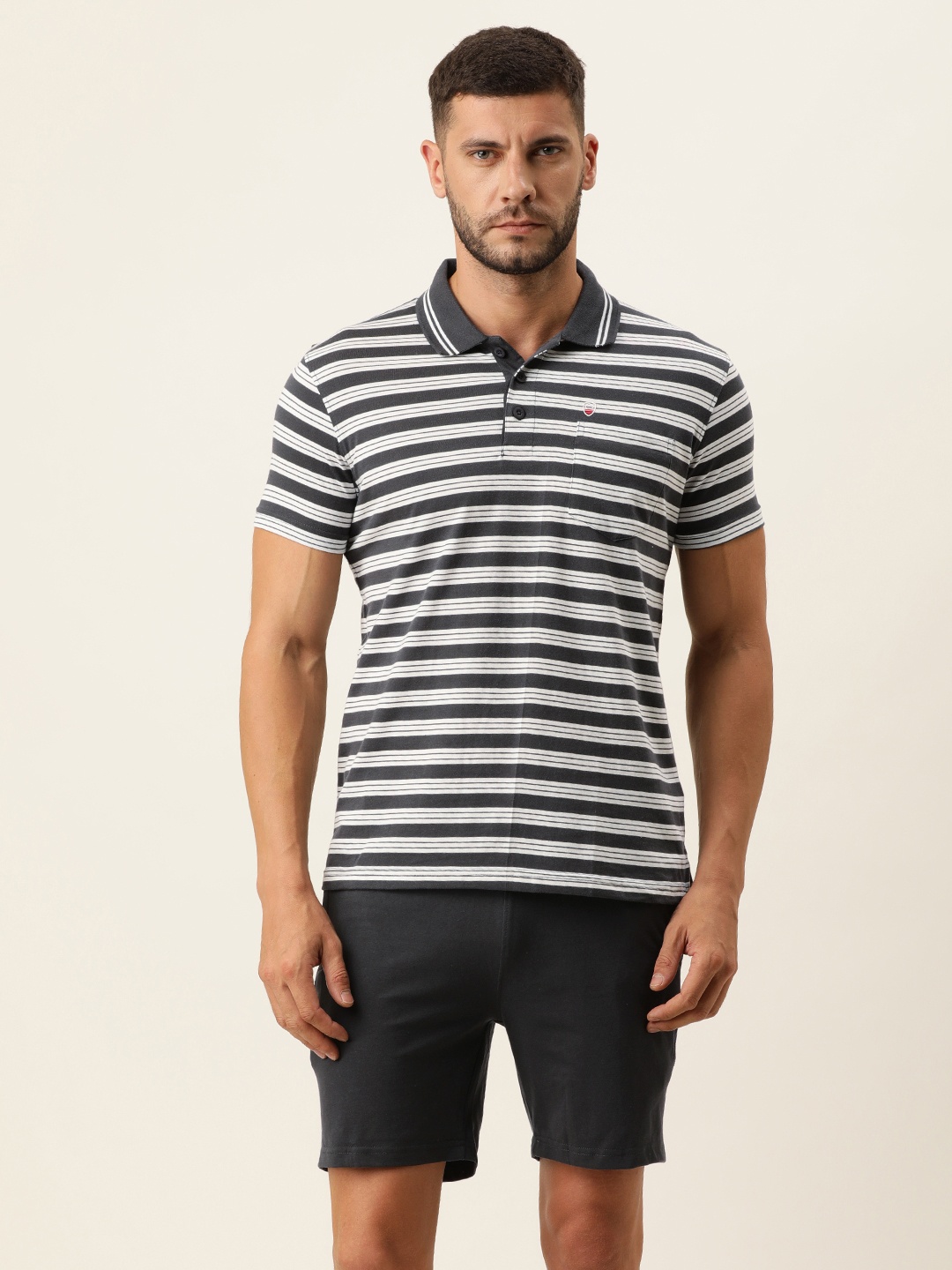Sweet Dreams Men Grey & White Striped & Solid Casual Night suit