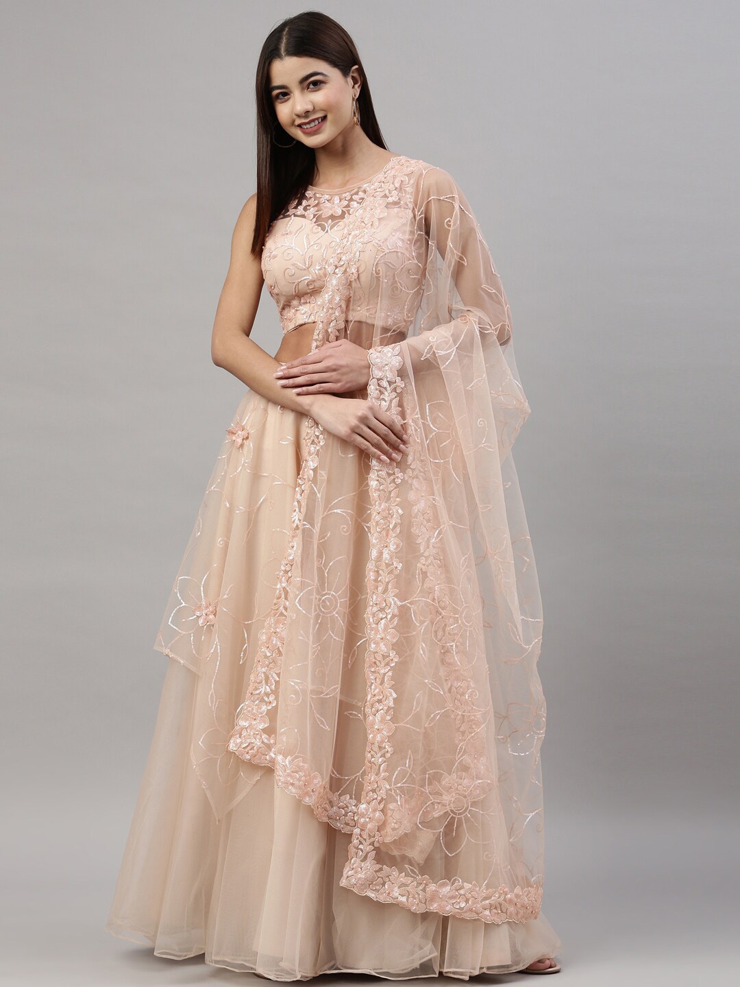 panchhi Nude-Coloured Embellished Sequinned Semi-Stitched Lehenga & Unstitched Blouse With Dupatta
panchhi Nude-Coloured Embellished Sequinned Semi-Stitched Lehenga & Unstitched Blouse With Dupatta