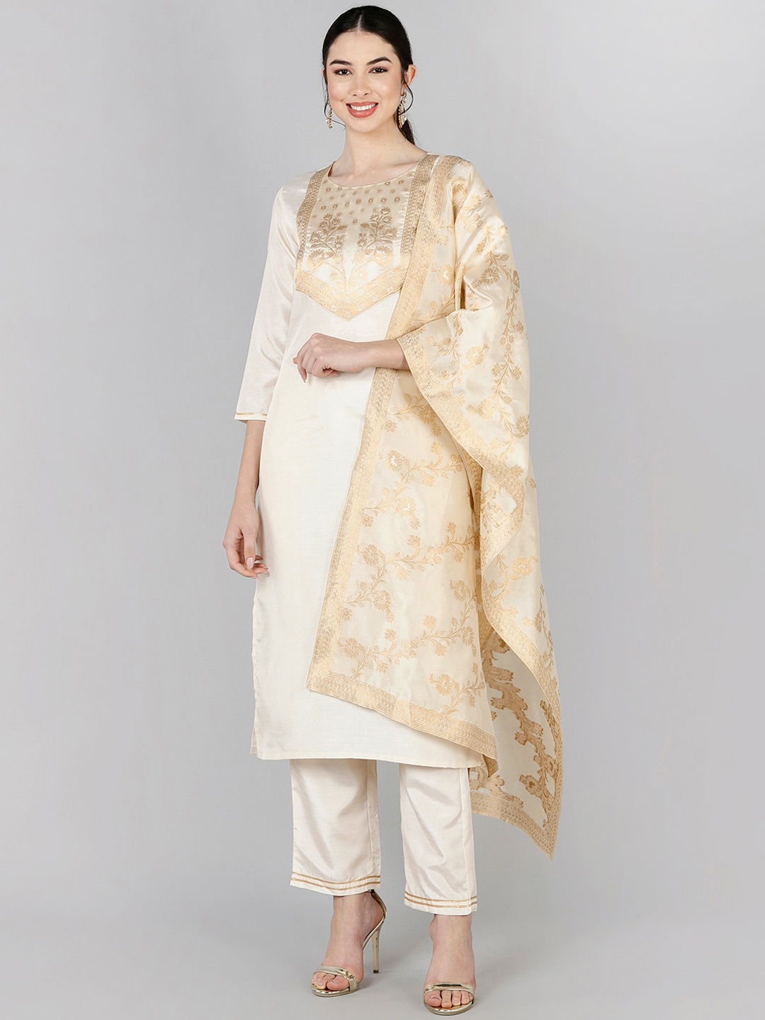 AHIKA Women Cream-Coloured Floral Embroidered Kurti with Trousers & With Dupatta
AHIKA Women Cream-Coloured Floral Embroidered Kurti with Trousers & With Dupatta